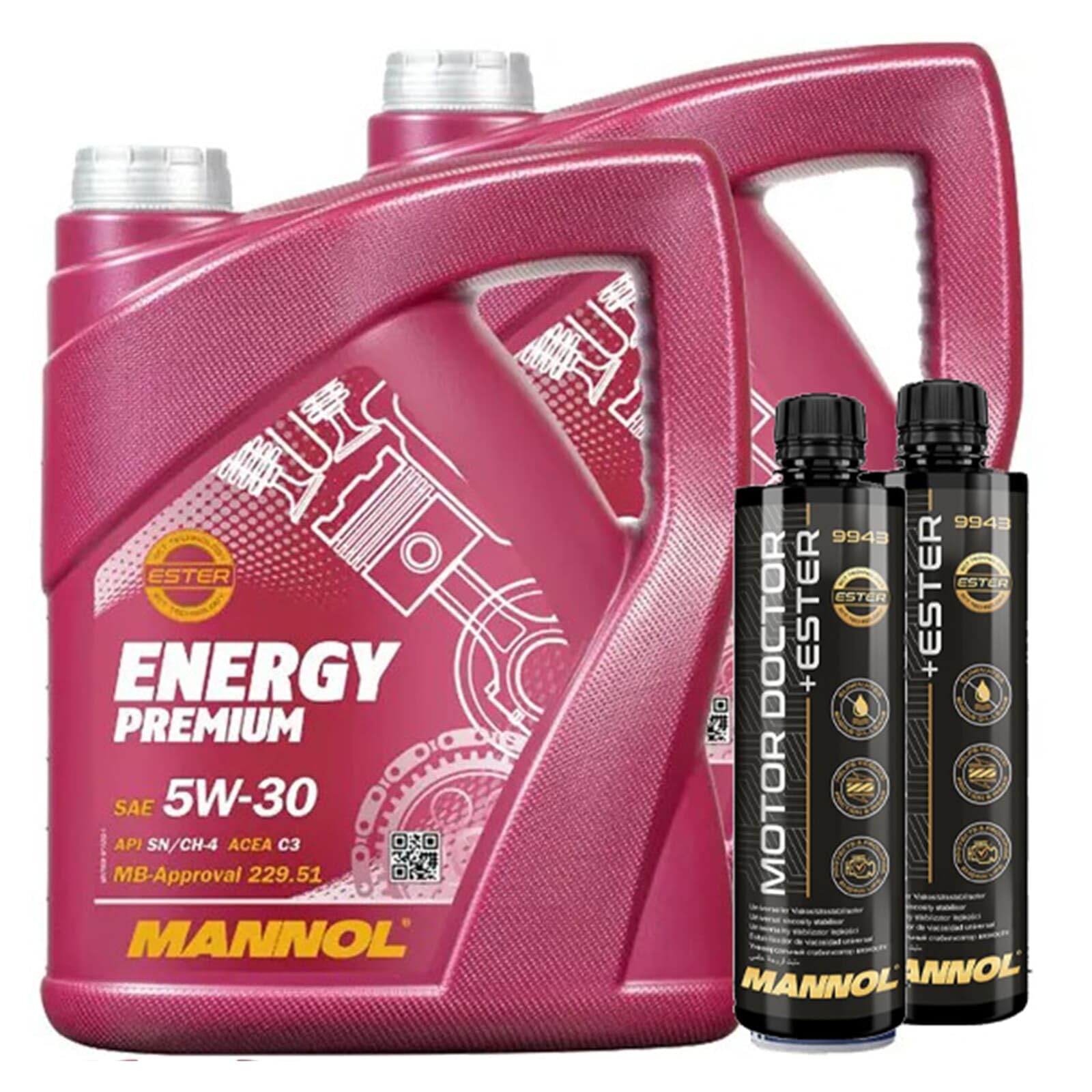2x5L Mannol Motoröl Energy Premium SAE 5W30 + 2xMOTOR Doctor+Ester Dichtmi | 2x5L Mannol 7908 ENERGY+2xMN9943-045 Pet,