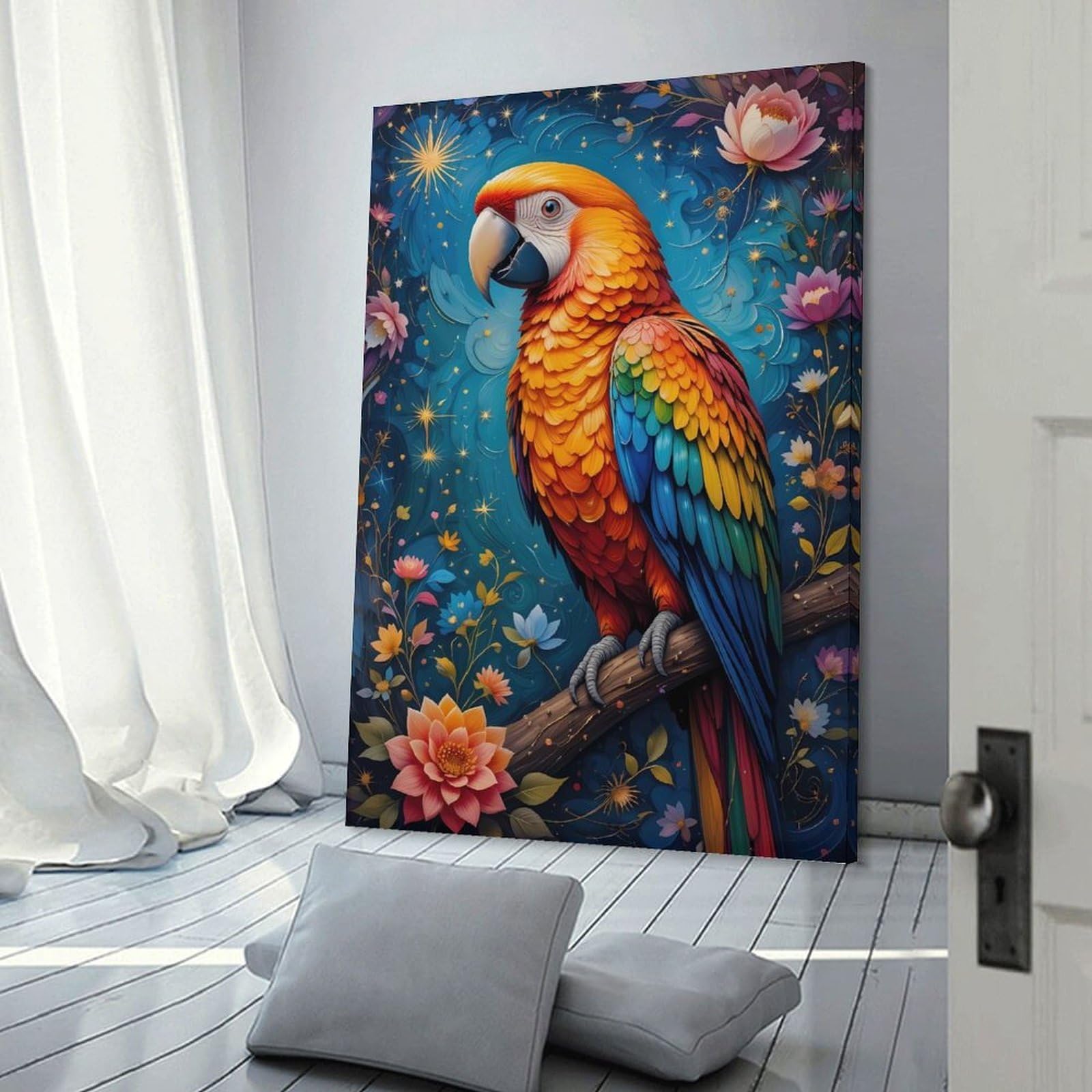 Junmoney Vibrant Macaw in A Magical Garden Home Decor Wall Art 20x30inch(50x75cm), for Home, Office, Studio Or Guest Room, Canvas Wall Art That Fits Changing Layouts