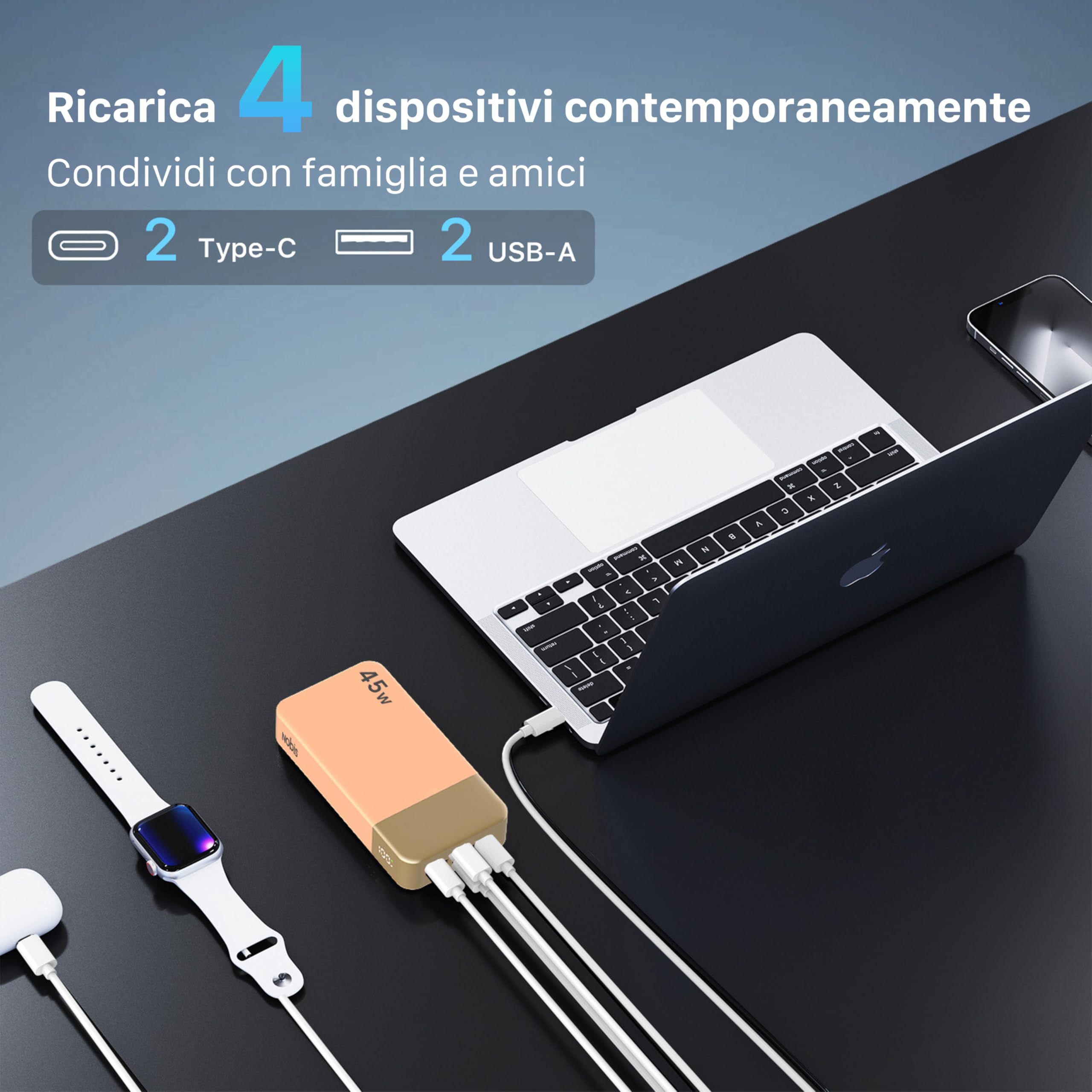 Nobis Power Bank 20000mAh Powerbank 45W Ricarica Rapida Caricatore Portatile USB C In & Out, 4 Porte Portable Charger con Display Digitale a LED, Compatibile con MacBook Phone 15 S23 (Arancione)