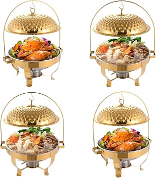 4PCS Chafing Dishes for Buffet Set 8L/8.5QT Gold Buffet Chafer Stainless Steel Chafer & Buffet Warmers Sets Countertop Buffet Server w/Dome Hanging Lid, for Restaurant, Party, Festival 4, 8L