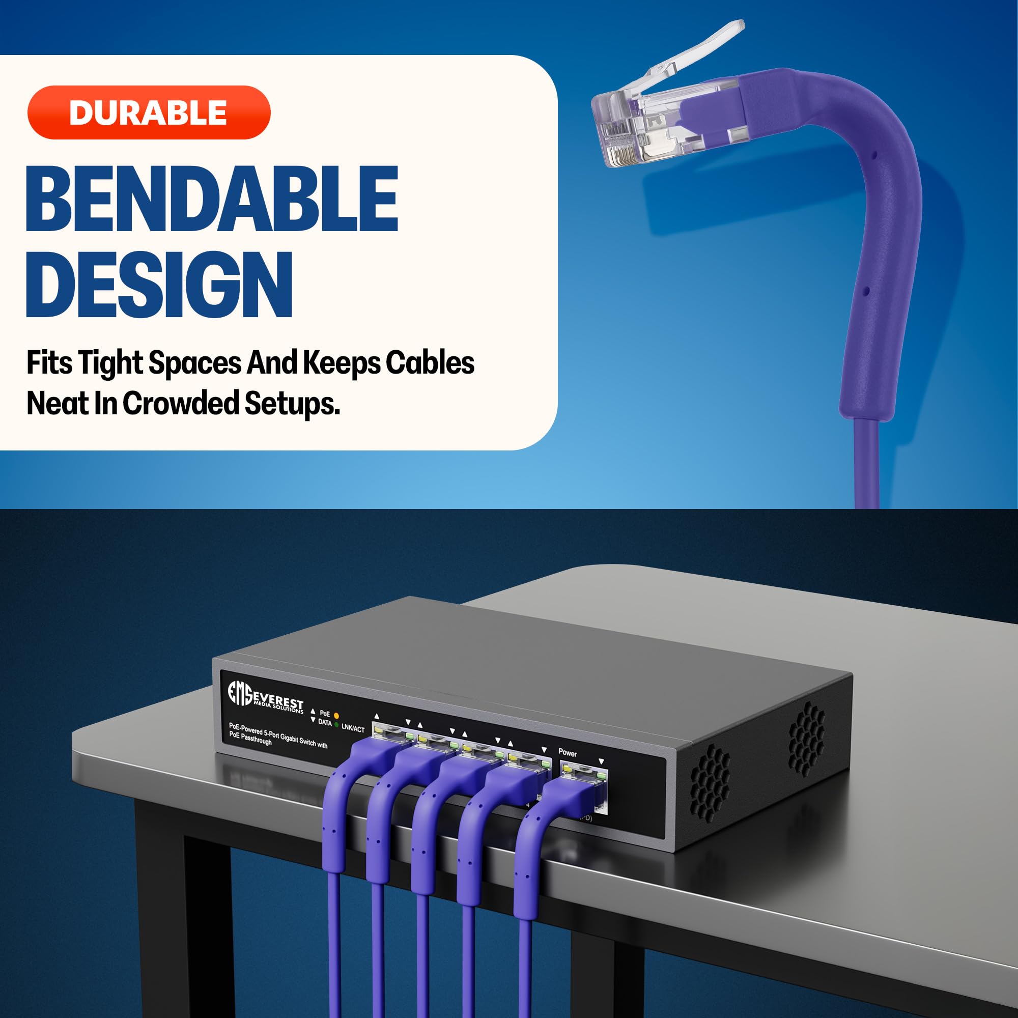 Everest Ultra Slim Cat6a Ethernet Patch Cables 1ft (24-Pack) Purple Gallery Image