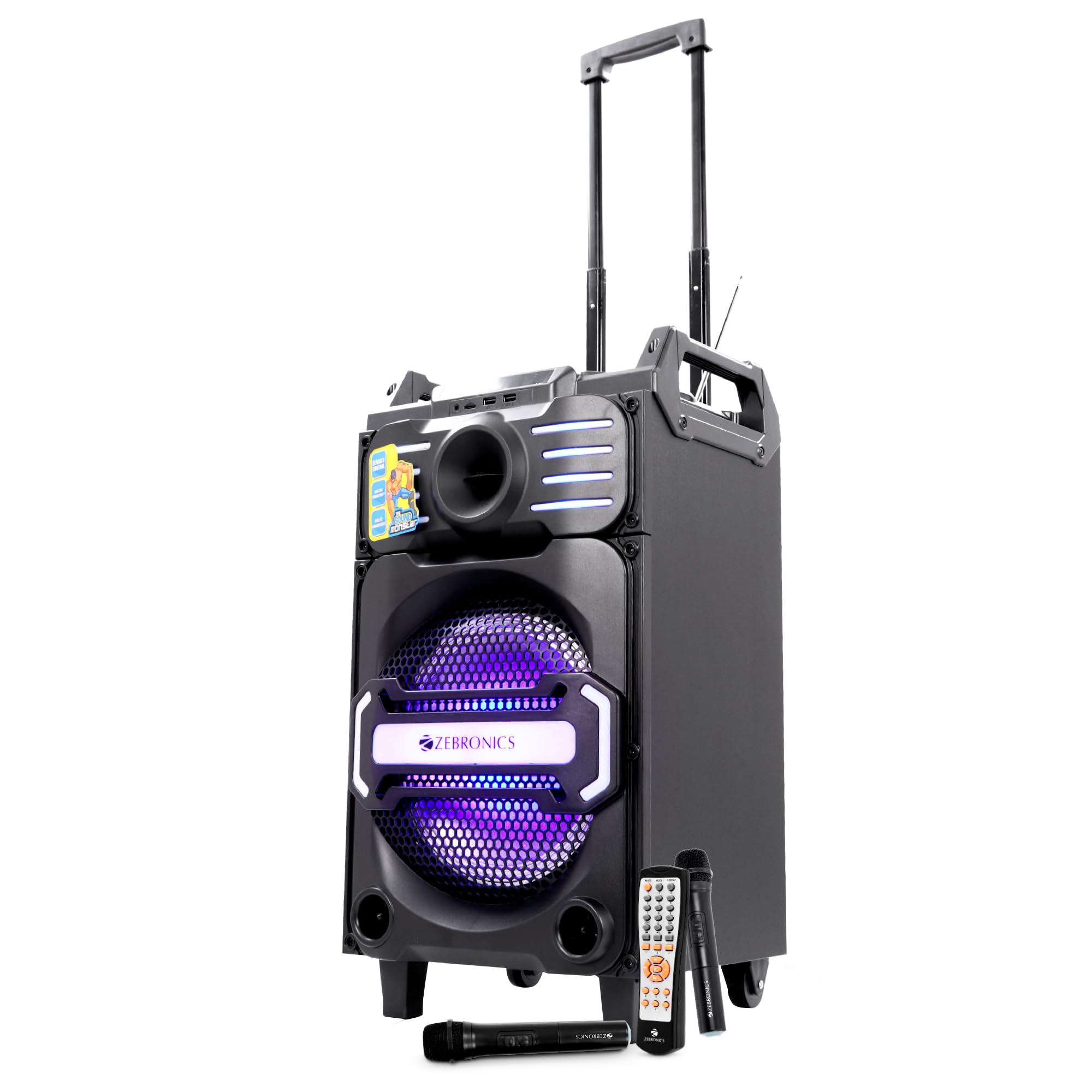 ZEBRONICS Octane Trolley Party DJ Speaker, 48 Watts, Supports Dual Bluetooth, Dual USB, mSD, AUX, Karaoke Function, Two Wireless Mic, DJ Mixer Control, 5 Band Equalizer