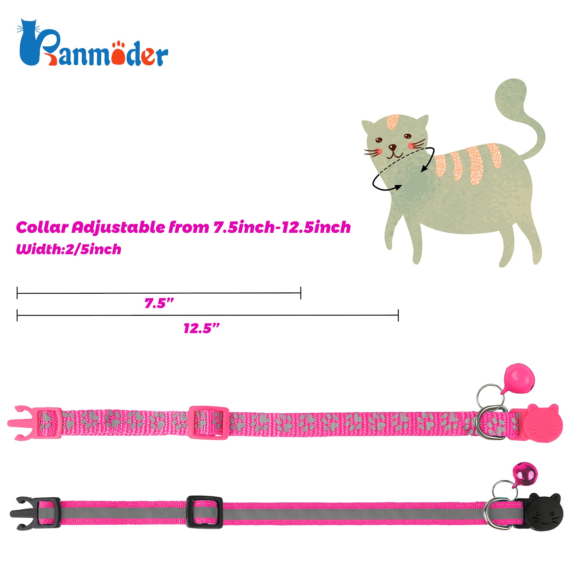 Paquete de 2 collares reflectantes para gatos con campana, collares de gatito personalizados, collar de hebilla de seguridad ajustable para hombres, gatos, niñas y niños (rosa caliente)