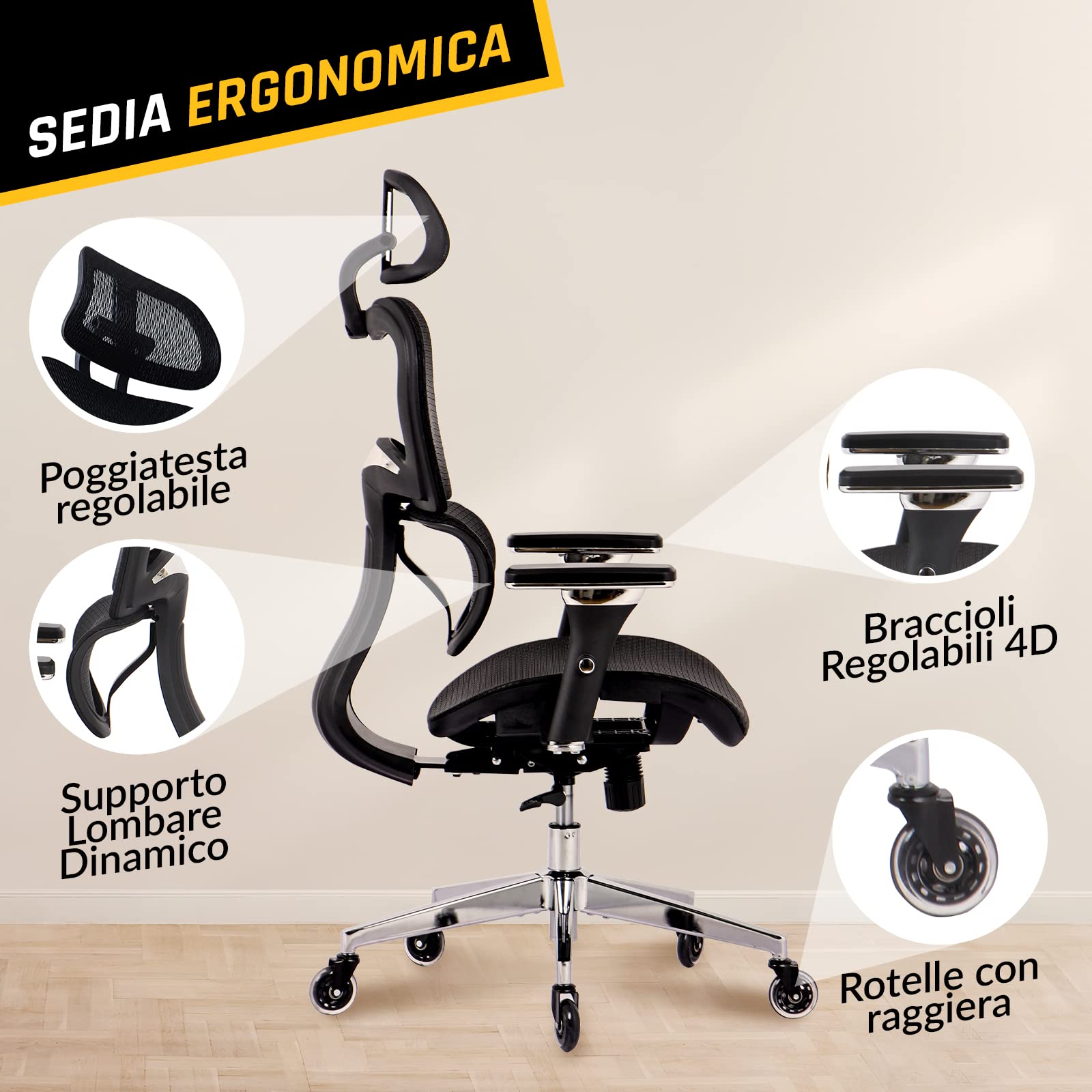 K800 Sedia Ergonomica da Ufficio, Poltrona Girevole, Ottima Come Gaming | Braccioli 4D e Supporti Lombari Cervicali Regolabili, Ergonomia ai Massimi Livelli, Supporto Lombare Dinamico