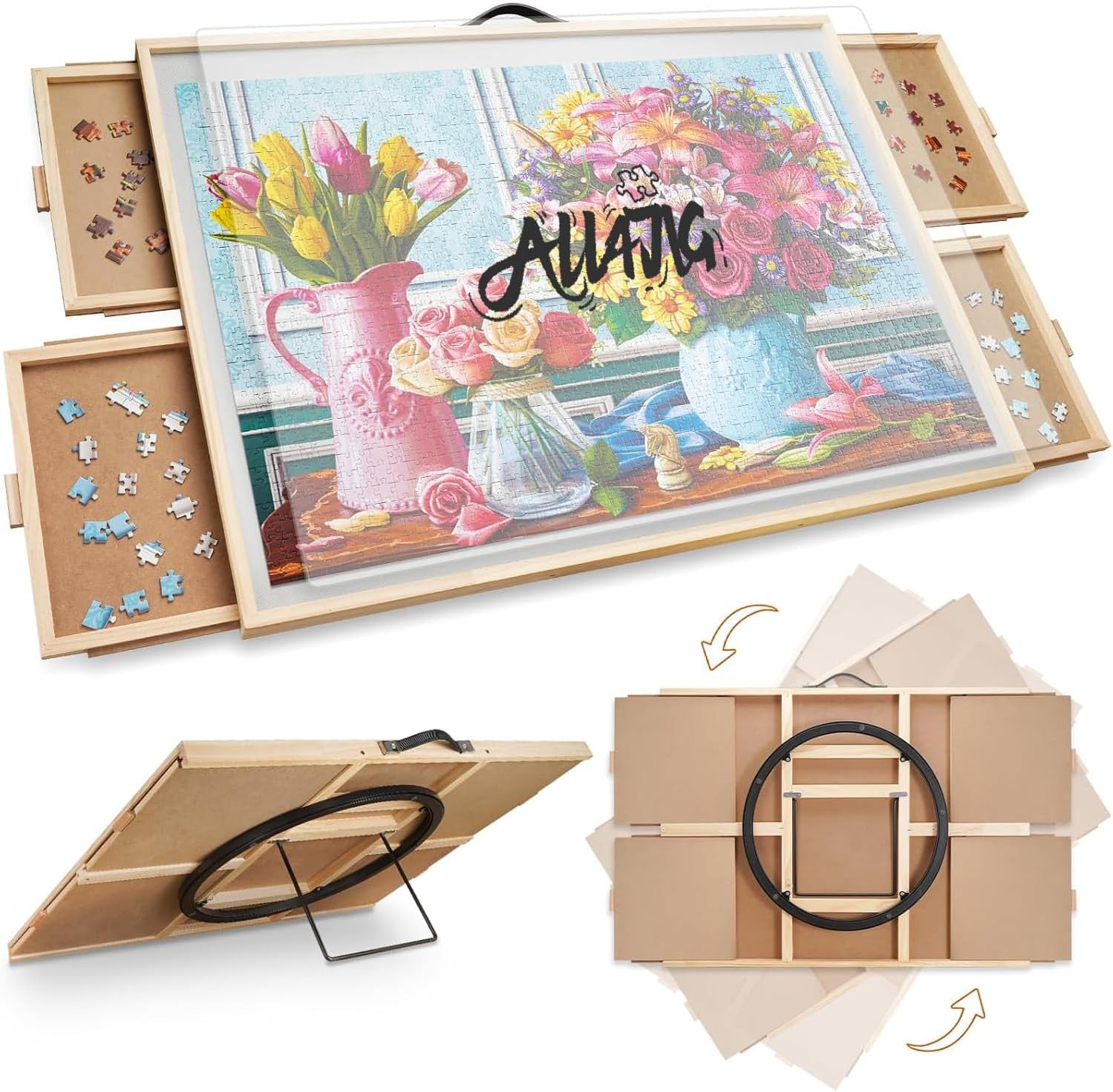 - ALL4JIG 1500 Pieces 2-in-1 Tilting & Rotating Puzzle Board, 24.53" x 33.19"Adjustable Angle Puzzle Board with 4 Drawers & Clear Protective Cover, Birthday Gift for mom