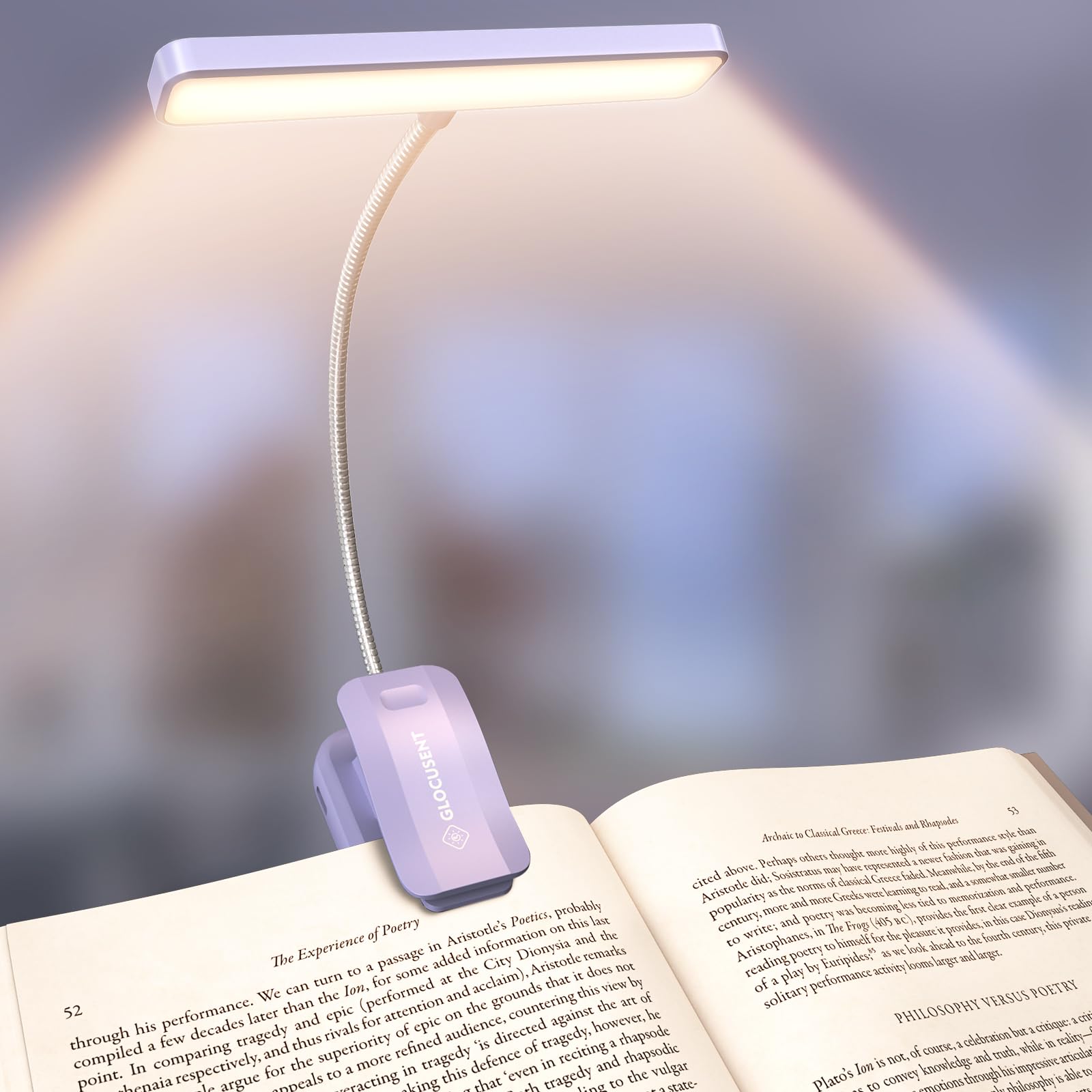 Glocusent Leselampe Buch Klemme 26 LEDs, Buchlampe mit 5 Farbtemperatur & Stufenlose Helligkeit, 1200mAh Akku für 90 Stunden USB-C Aufladbares Leselicht, 360° Flexibel für Nachtlesen ins Bett (Lila)