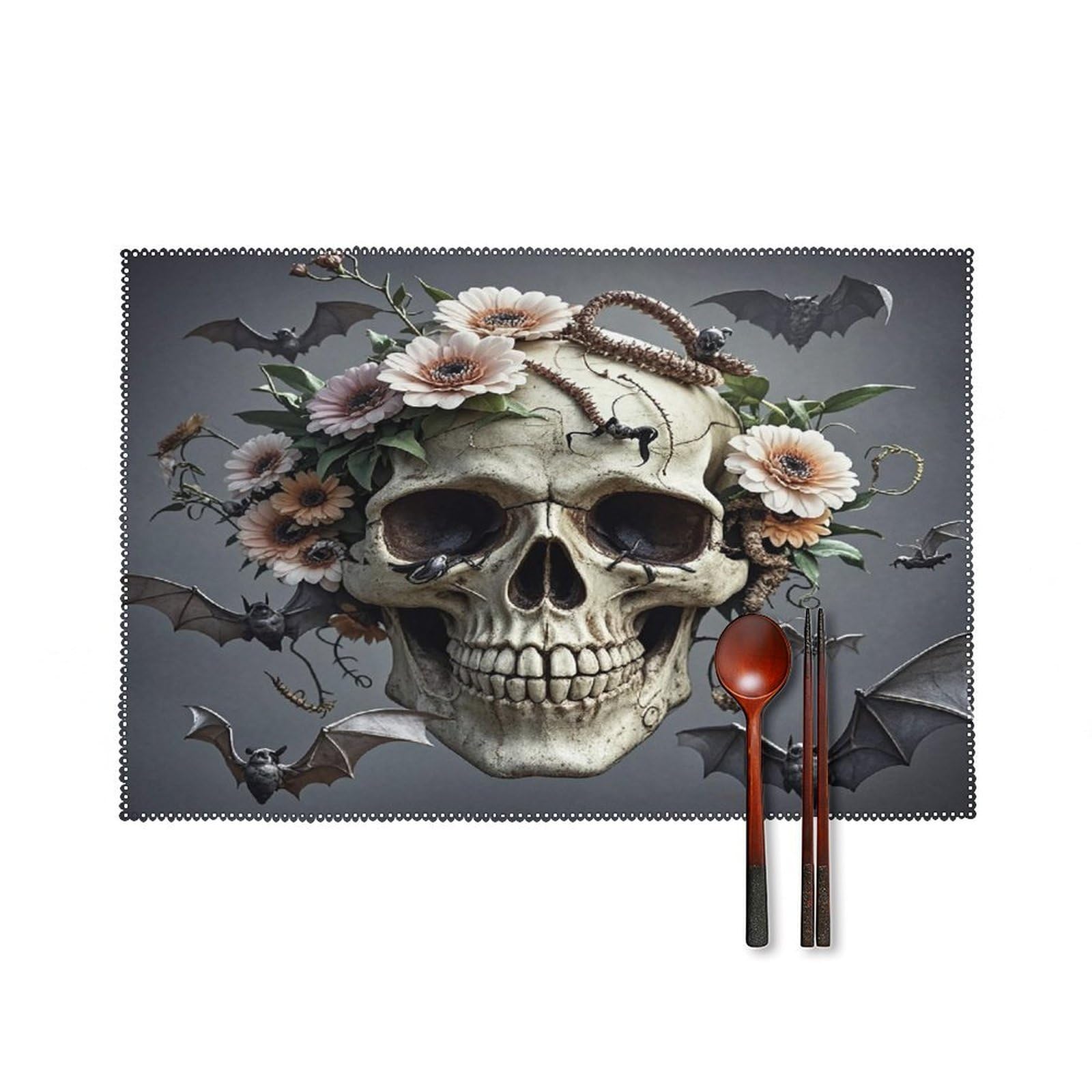 Skull Flower Placemats Set of 6 Heat-Resistant Washable Place Mats Wipeable Kitchen Placemat Easy to Clean for Indoor Outdoor Party Kitchen Decoration