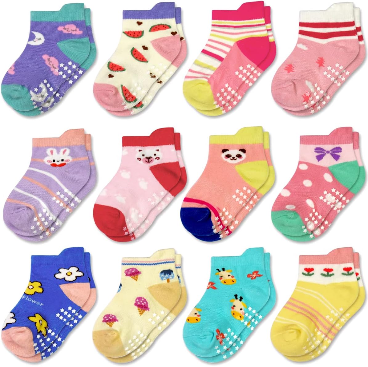 Tphon Non Slip Kids Toddler Socks with Grippers Baby 12 Pairs Anti Skid Socks for Boys Girls 0-7 Year Children