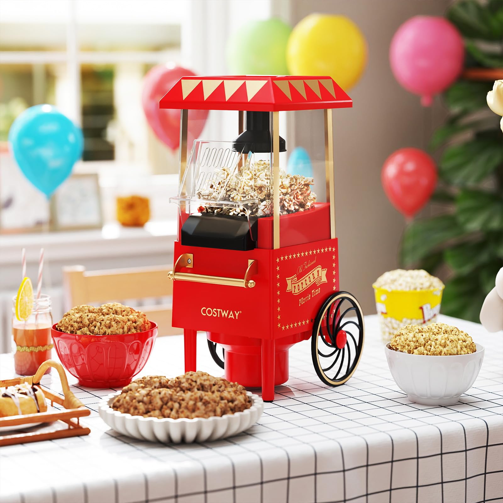 COSTWAY 1200W Macchina Pop Corn, Macchina Popcorn ad Aria Calda con Misurino Pronta in 2 Minuti, Senza Olio, Design Retro e Portatile per Serata Cinema Casa