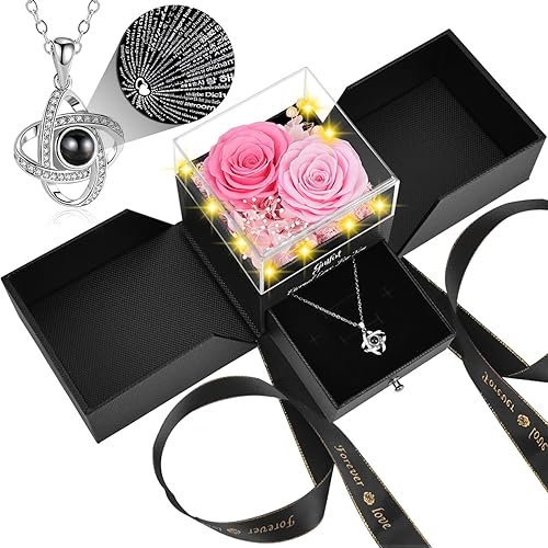Rosa real preservada con collar "I Love You in 100 idiomas", flores eternas regalos para mujeres, esposa, novia, mamá, abuela en cumpleaños,