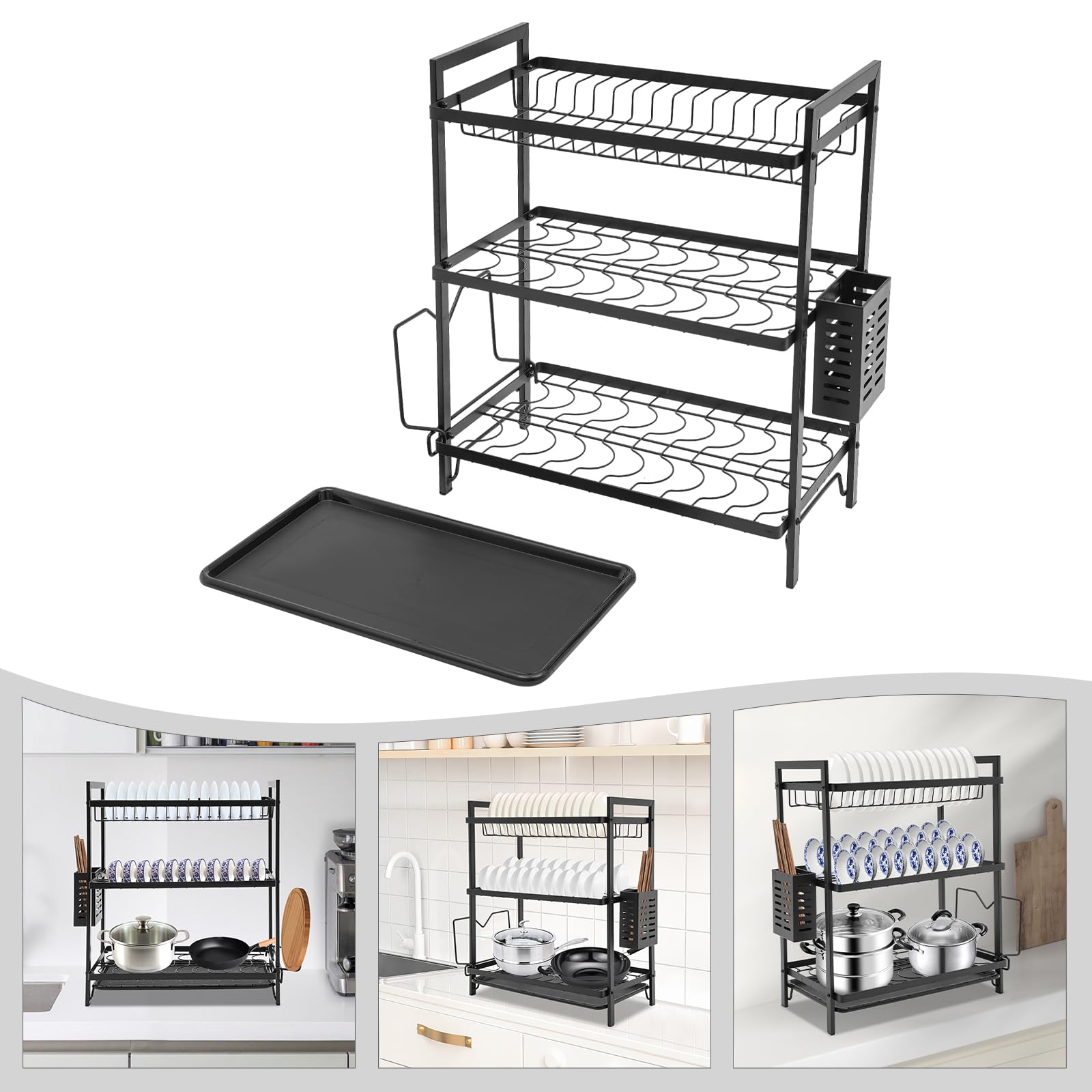 Scolapiatti, scolapiatti, scolapiatti, scolapiatti a 3 livelli, scolapiatti, scolapiatti, con porta utensili e scolapiatti, posate, dish Drainer, portabibite per cucina