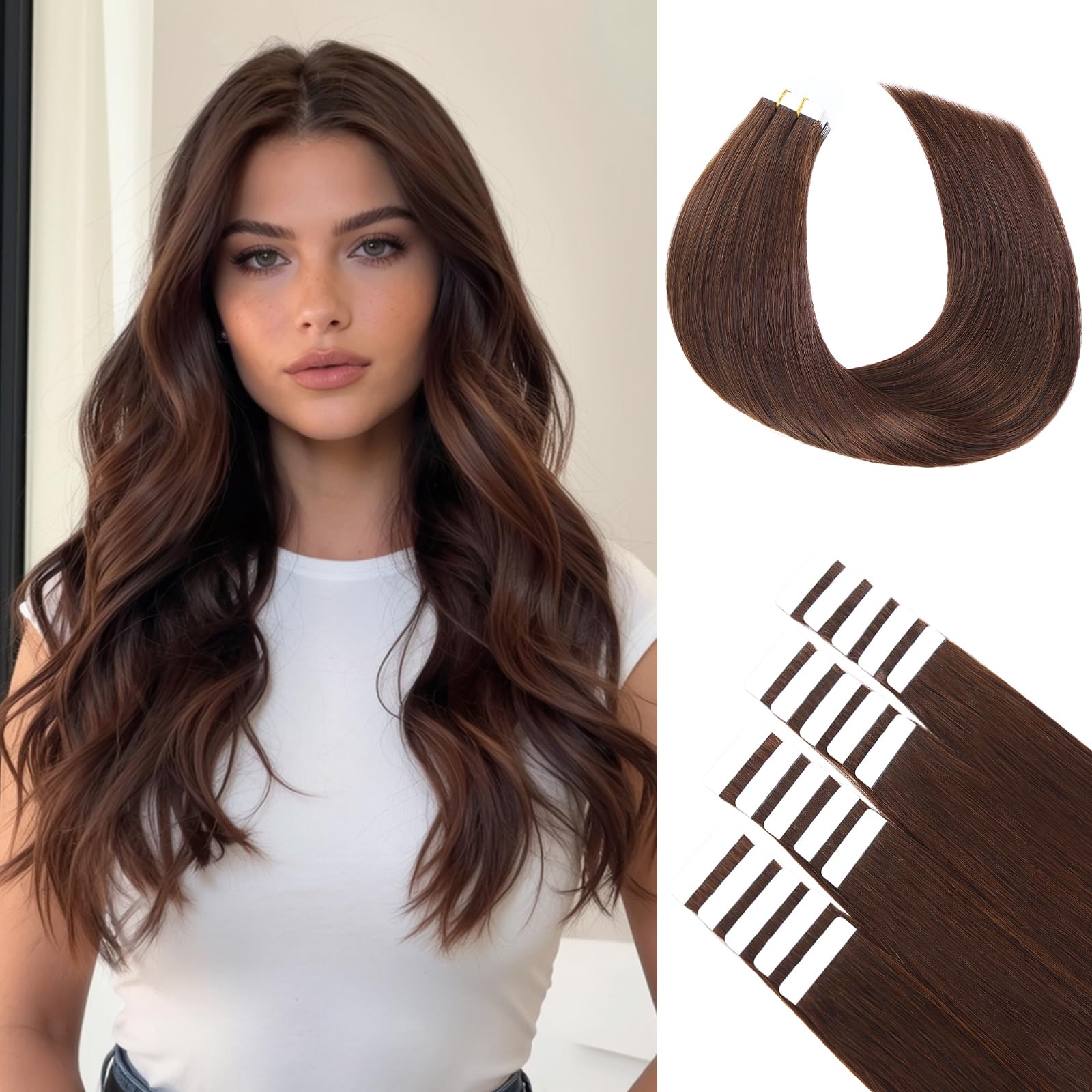 BLONDE UNICORN Extension Capelli Veri Biadesivo 20pcs Extension Capelli Veri 40cm Marrone cioccolato Estensione Biadesive Capelli Veri Invisibile Estensione 40g(16inch,4#)