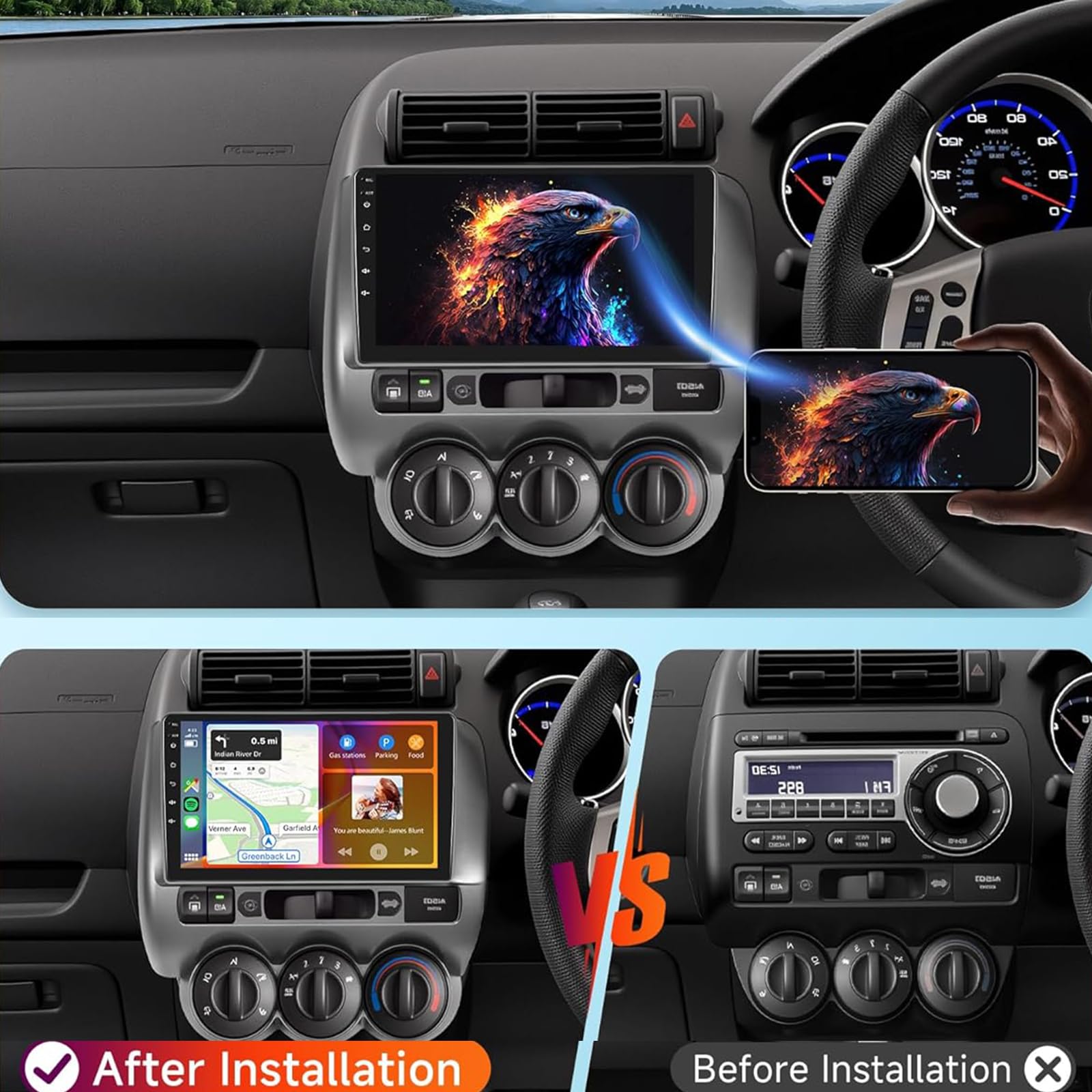 Radio Samochodowe Android 15 Do Hon-da Jazz 2002-2008 Z Wbudowanym Carplay I Android Auto Tylna Kamera MIC 9-calowe Radio Samochodowe IPS Z GPS Sterowaniem Z Kierownicy DAB WiFi Kam(Color:WIFI 2G+32G)