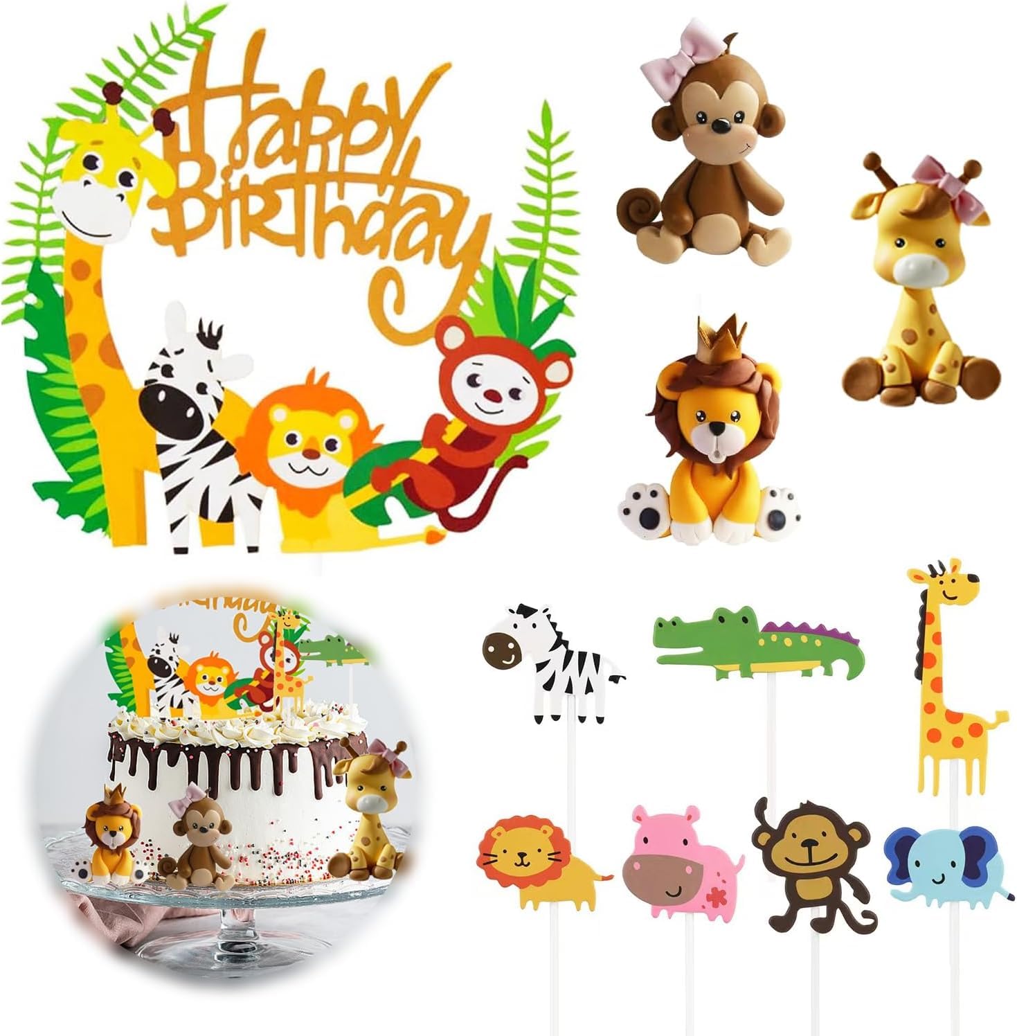 11PCS Jungle Animal Cake Toppers,Safari Animals Cake Decoration Cake Topper Giraffe Monkey Tiger Elephant Cake Jungle Animals for Kids Birthday Shower Party Supplies
