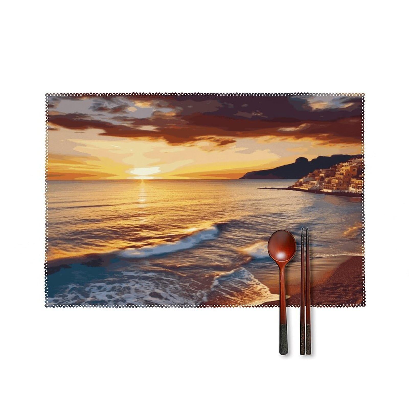 Seaside Sunset Placemats Set of 4 Canvas Place Mats Non-Slip Heat Resistant Table Mats Washable Waterproof Placemat Wipeable Tablemats for Kitchen Dining Decor Place Mat