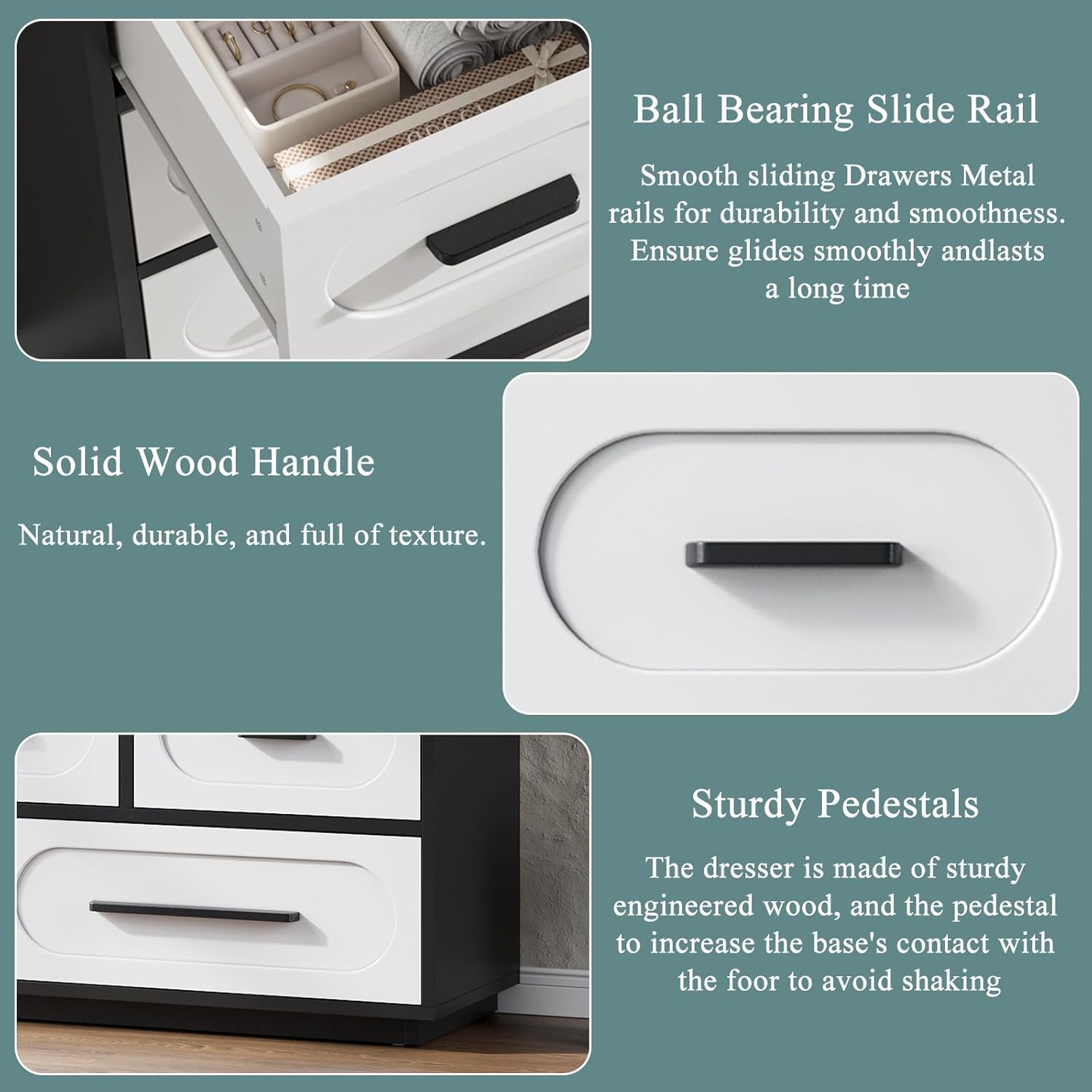 Close-up images detailing the ball bearing slide rails, solid wood handle, and sturdy pedestals of the Harpaq dresser