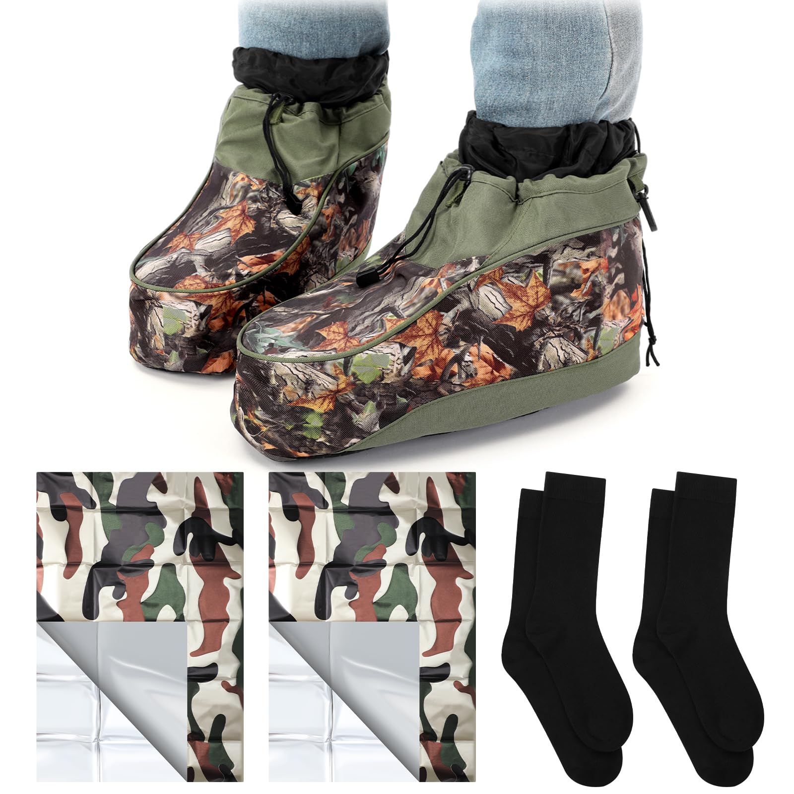 Chicingyou 5 Pcs Outdoor Tactical Anti-Freeze Set 1 Insulated Boots Covers 2 Socks 2 Thermal Survival Blanket for Hunting, Ice Fishing or in Cold Weather Waterproof Hunting-picture-53