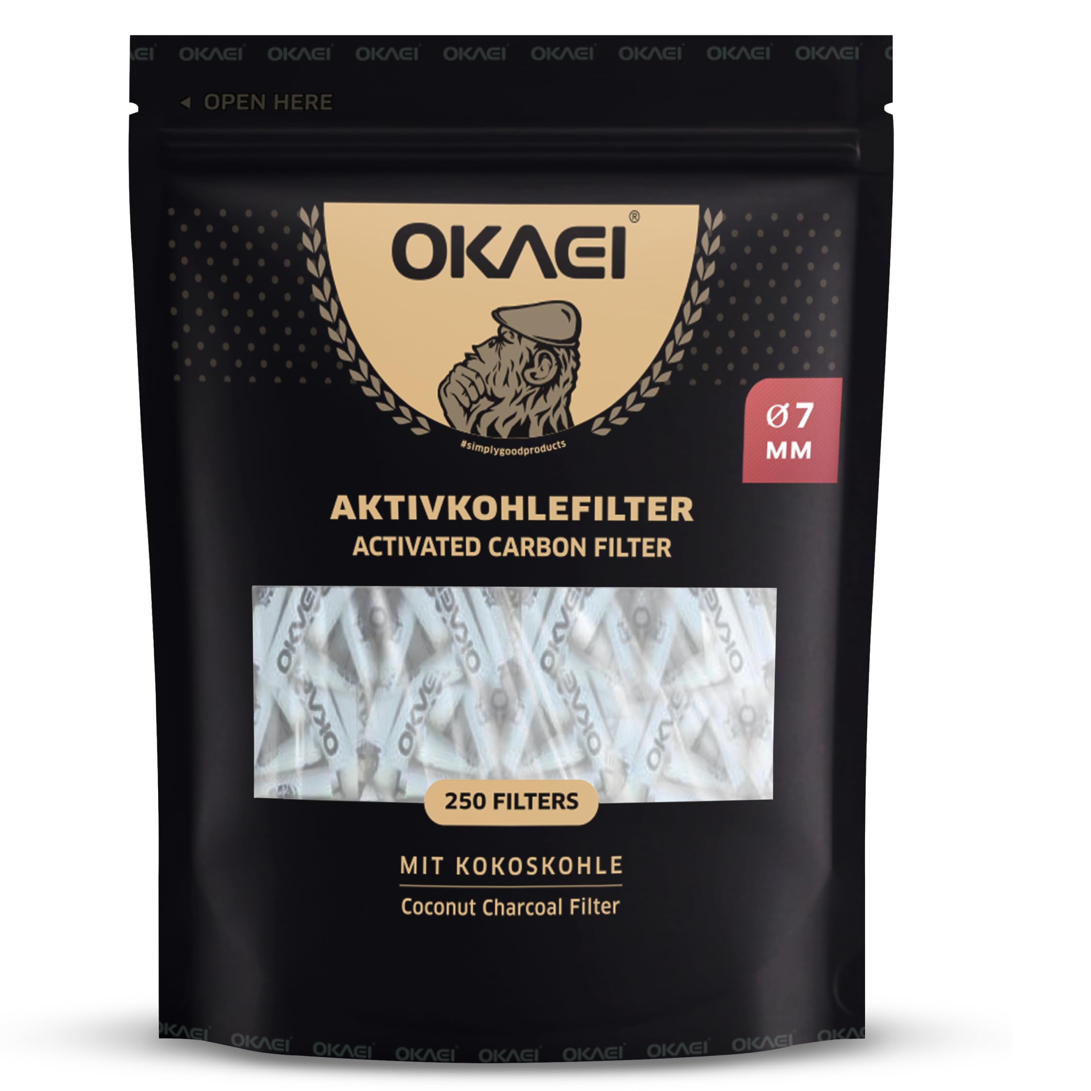 OKAEI Filtros de carbón activo de 7 mm – 250 unidades – Filtros finos con carbón activo de cáscara de coco – con tapas de cerámica – 26 mm de longitud