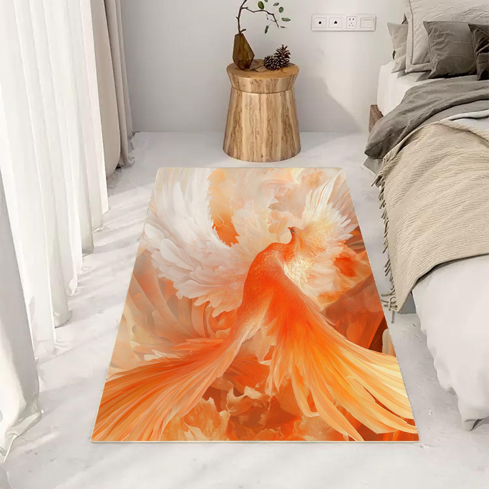 Luxuriöse Tiere Phönix Orange Teppich Wohnzimmer 160x230cm rutschfest Kurzflor Schlafzimmer Teppich Waschbar Bemaltes Tiere Phönix Bettvorleger Teppiche für Büro Bereich Dekor Teppisch