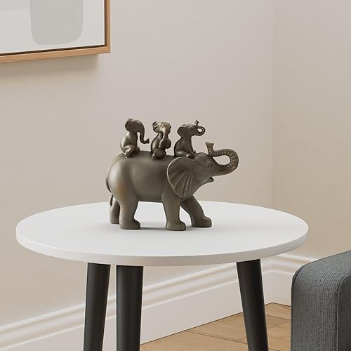 Miniatura 2 de Nature's Mark Estatua Figurilla de Resina de 8" de Alto con 3 Elefantes Bebé Montando un Elefante, Acento Decorativo para el Hogar (Gris)