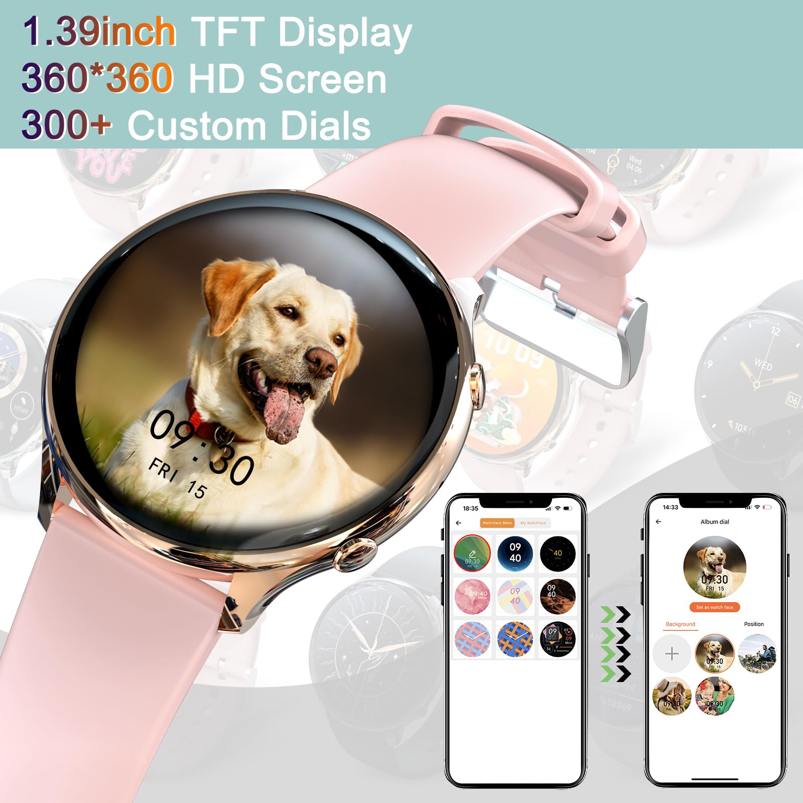 Zegarek damski Smartwatch, 1,39" fitness z połączeniami i WhatsApp, 120 sportowy, asystent głosowy, powiadomienia o wiadomościach, krokomierz, okrągły monitor zdrowia dla systemu Android iOS (różowy)