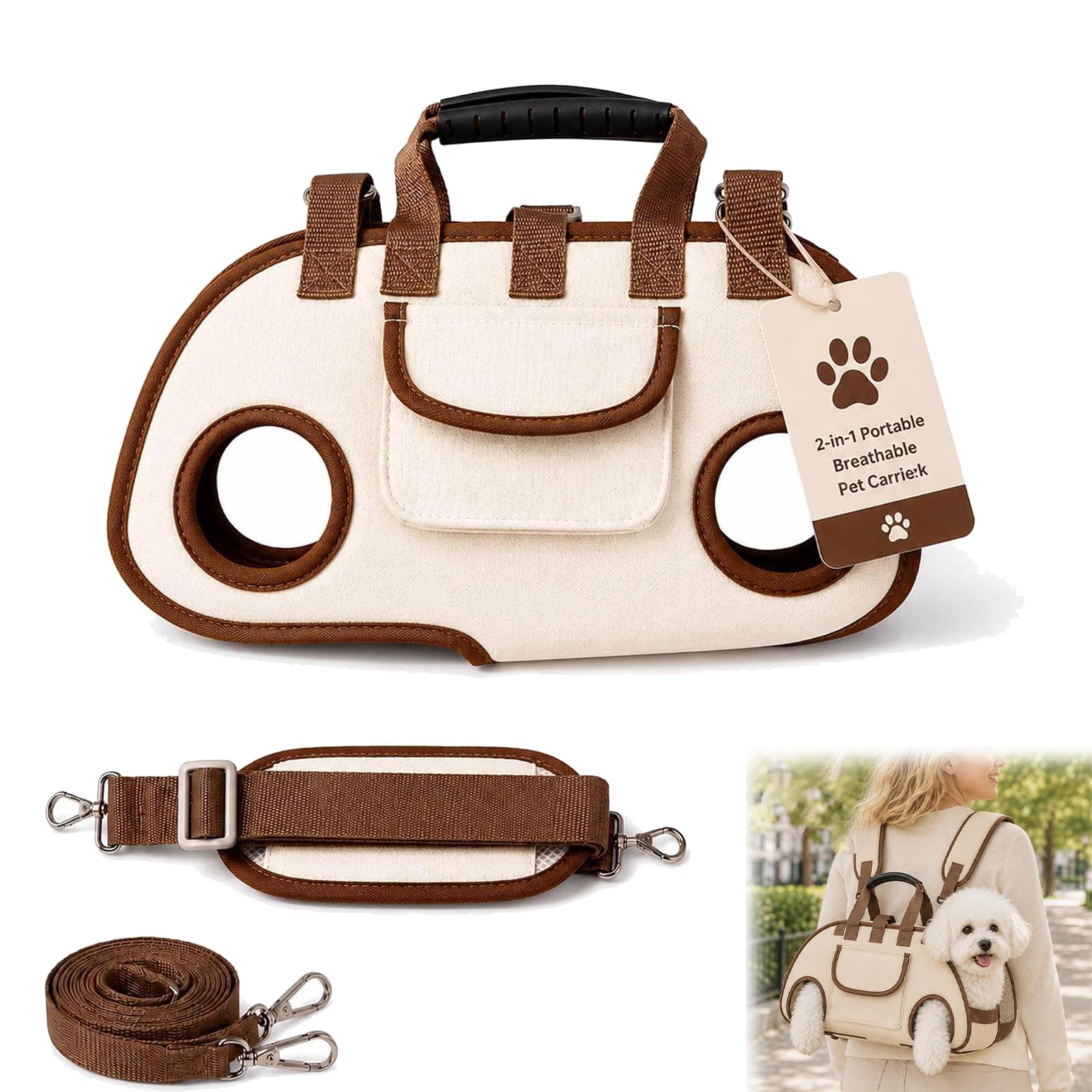 2-in-1 Portable Breathable Pet Carrierk for Small Dogs, Multifunctional Traction Dog Bag with Adjustable, Multi-style Everyday Carry, For Dogs Cats，Brown, Single-shoulder, S
