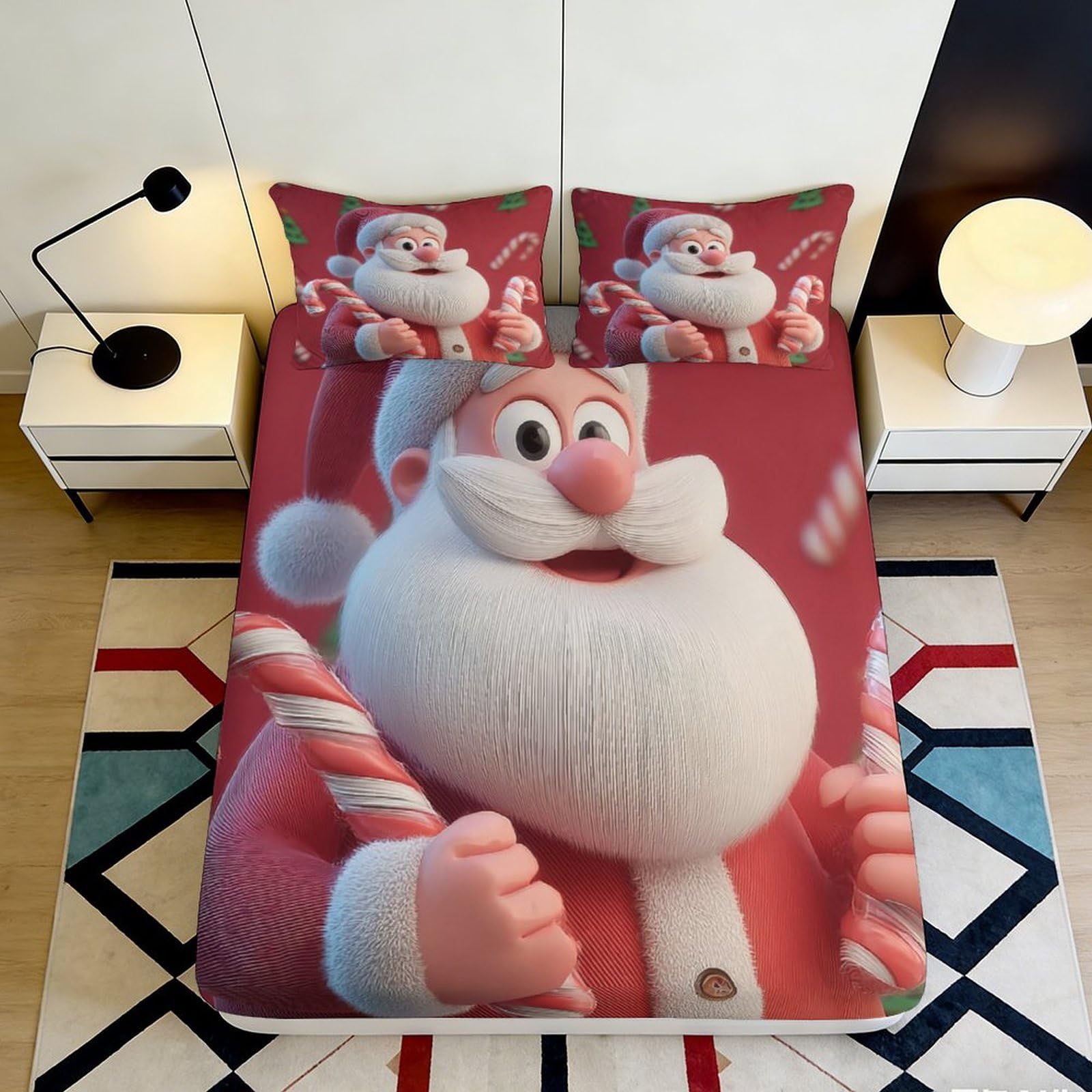 3D Printed Santa Claus Red Fitted Sheet Microfiber Non-Slip Candy Cane Bed Cover for Bedroom Dorm Easy Care 120x200x25cm