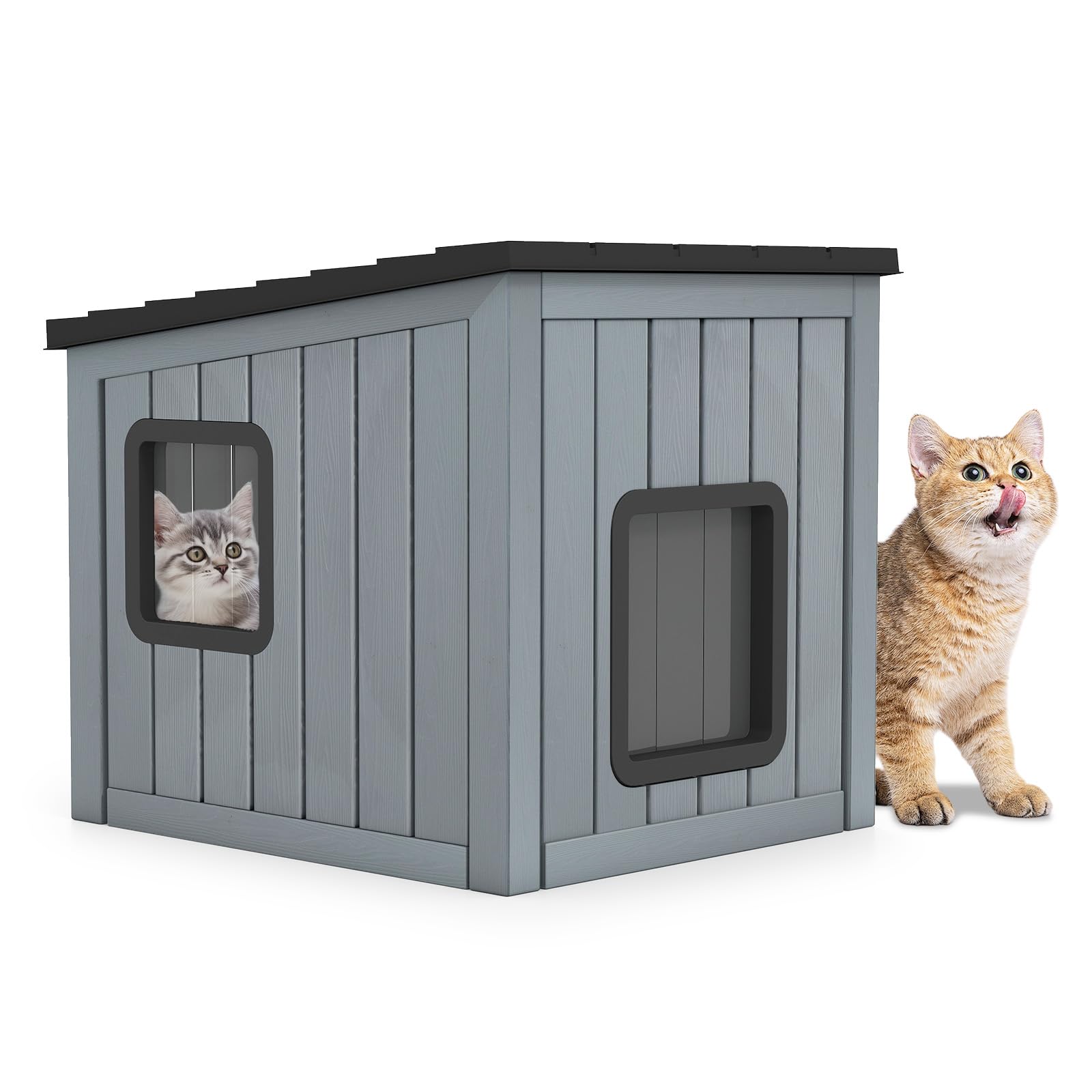 COSTWAY Waterproof Plastic Cat House, Indoor Outdoor Insulated Cat Shelter with Sloped Roof & 2 PVC Doors, Outside Pet Kennel Cave for Stray & Feral Cats Small Dogs Rabbits, 62.5 x 54 x 56.5cm
