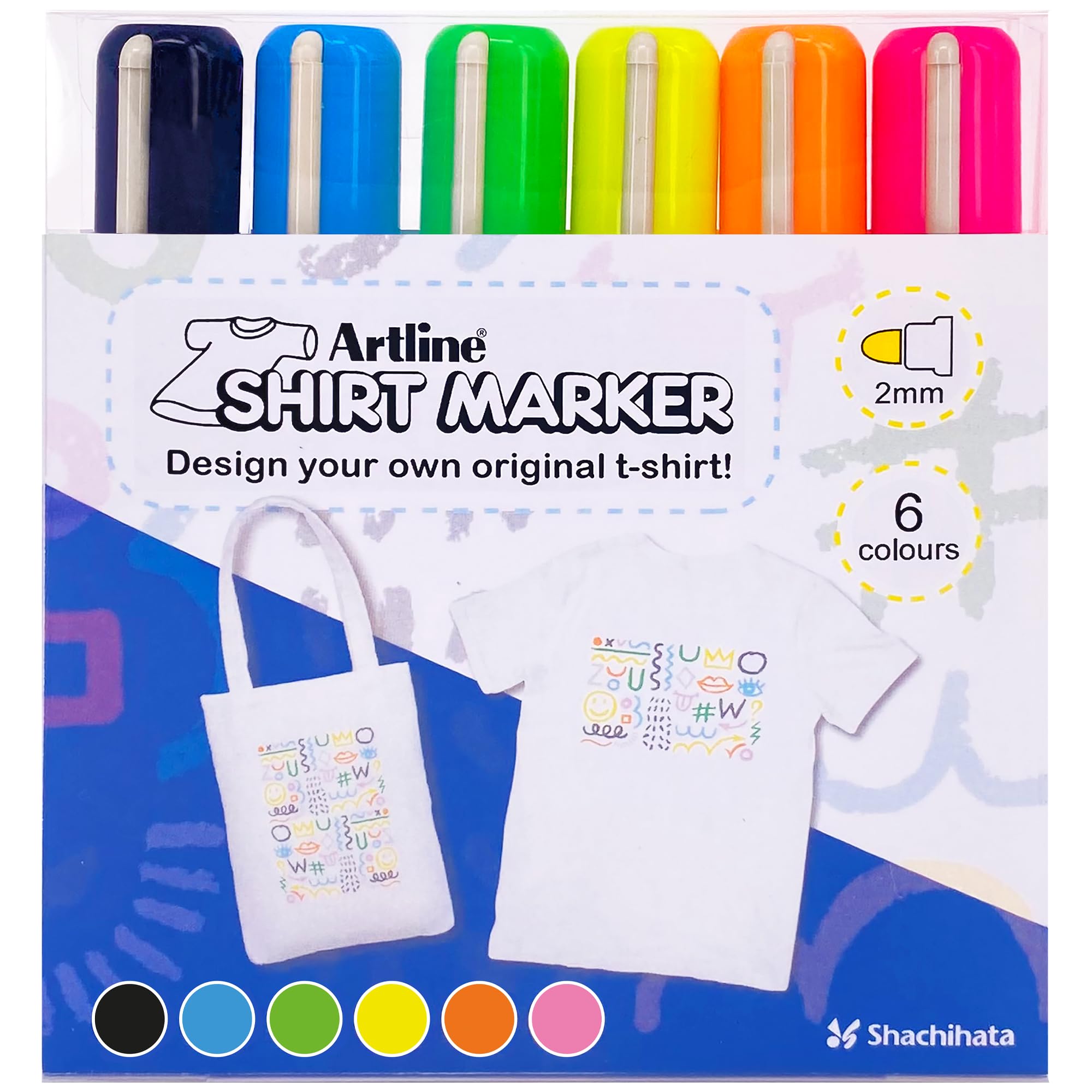 Artline Pack of 6 Fabric Markers for T-Shirts (Black, Light Blue, Yellow Green + Fluoro. Yellow