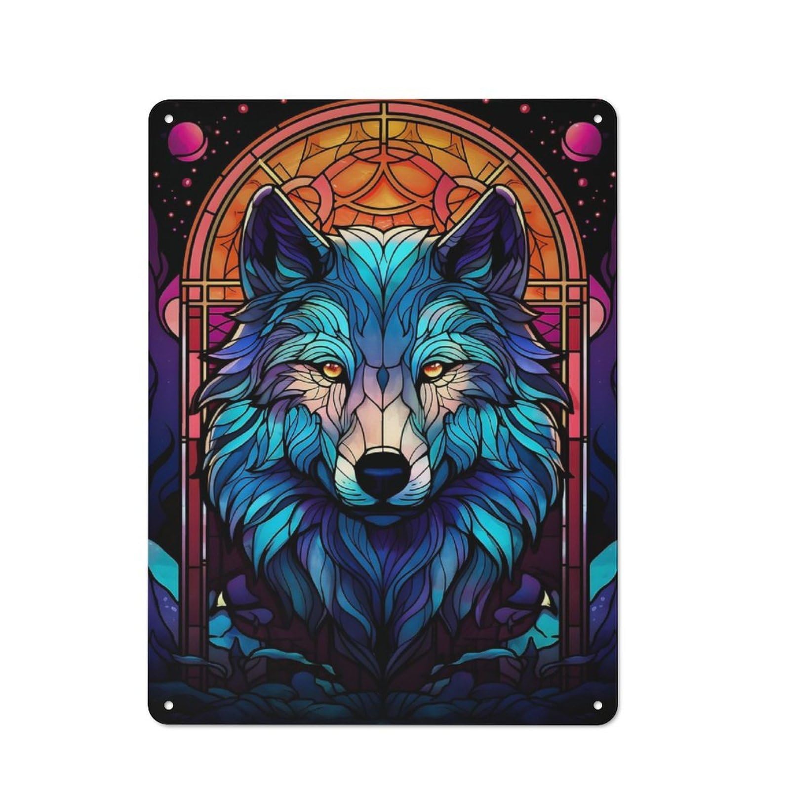 Junmoney Wolf Stained Glass Colorfu Tin Wall Plaque 40X30cm With For Workshop Wall, Suited To Workshop Decor Fans, For Retro Home Interiors