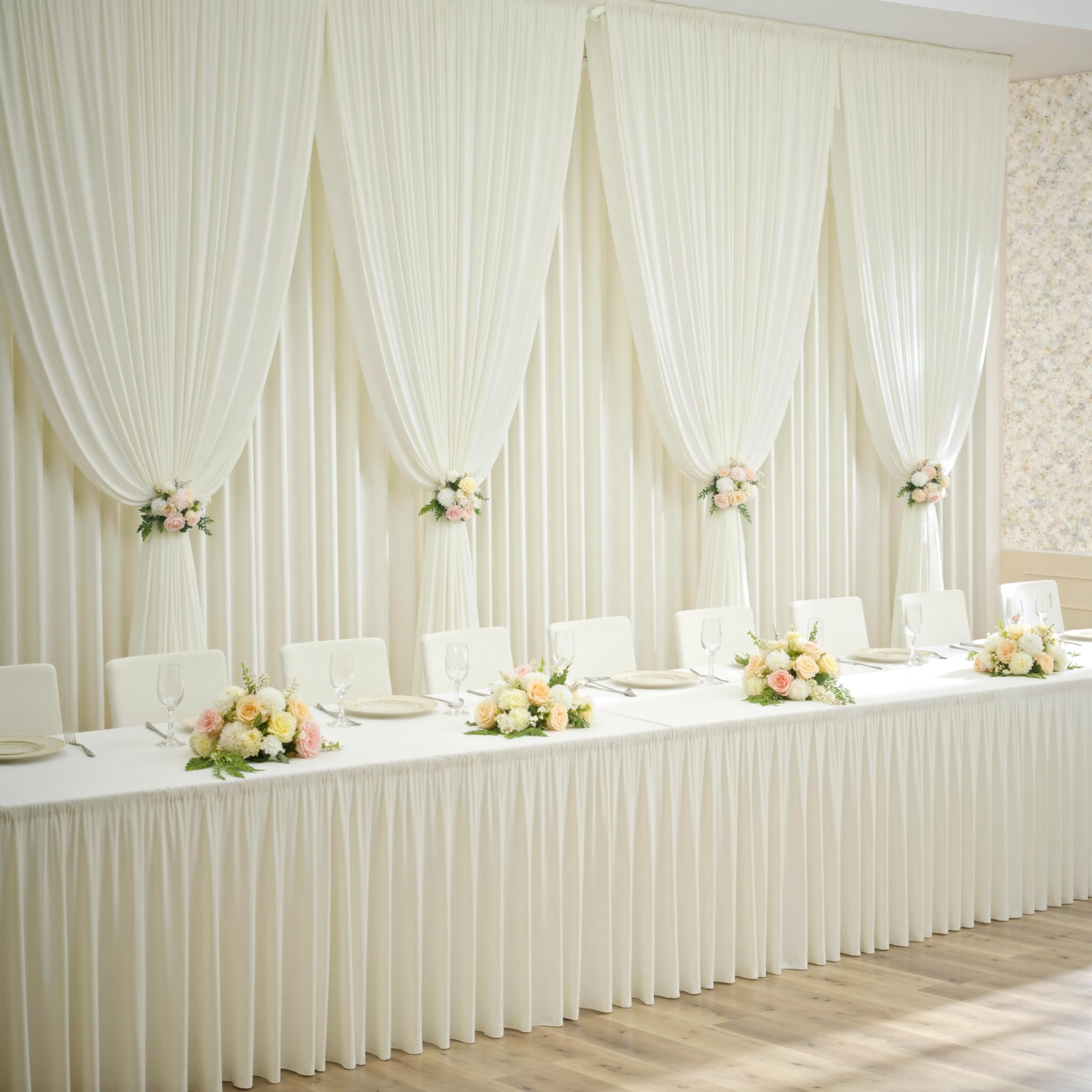 NSSONBEN Rideau de Fond crème sans Plis de 6 m x 3,6 m pour Mariages et fêtes, 4 Panneaux de 1,5 m x 3,6 m en Polyester Doux et Soyeux pour Rideaux de Fond pour Photographie de fête