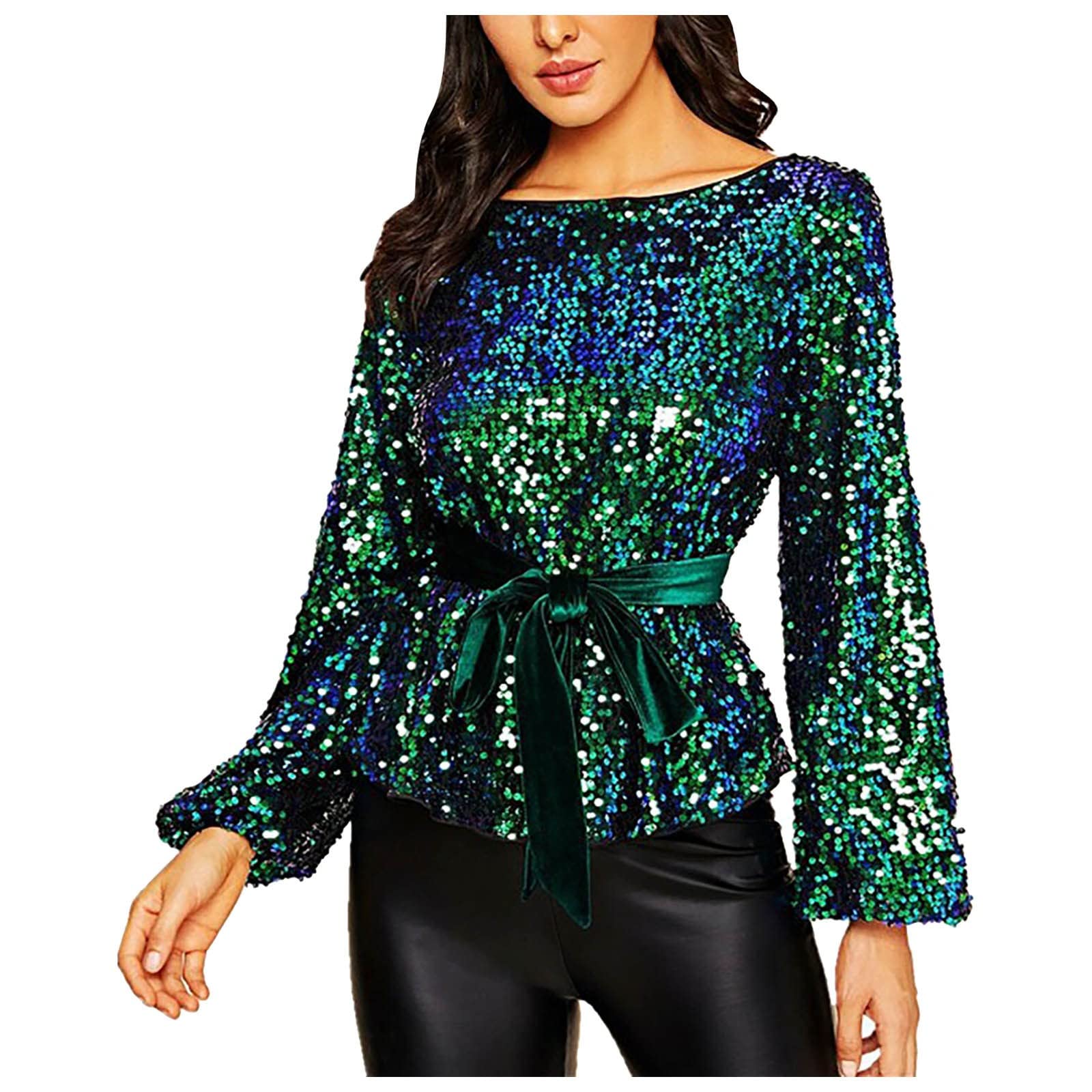 Générique Haut Femme Chic Et Elegant Brillante Sequins Tee Shirt Argenté Chemisier Carnaval Top Vetement Décontractée Rouge Paillette Manches 3 4 À Volants Tunique Paillettes