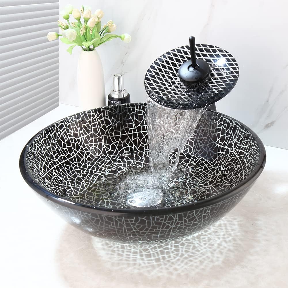 Black Tempered Glass Vessel Sink Oil Rubbed Bronze Faucet Above Counter Bathroom Vanity Basin Bowl - Round