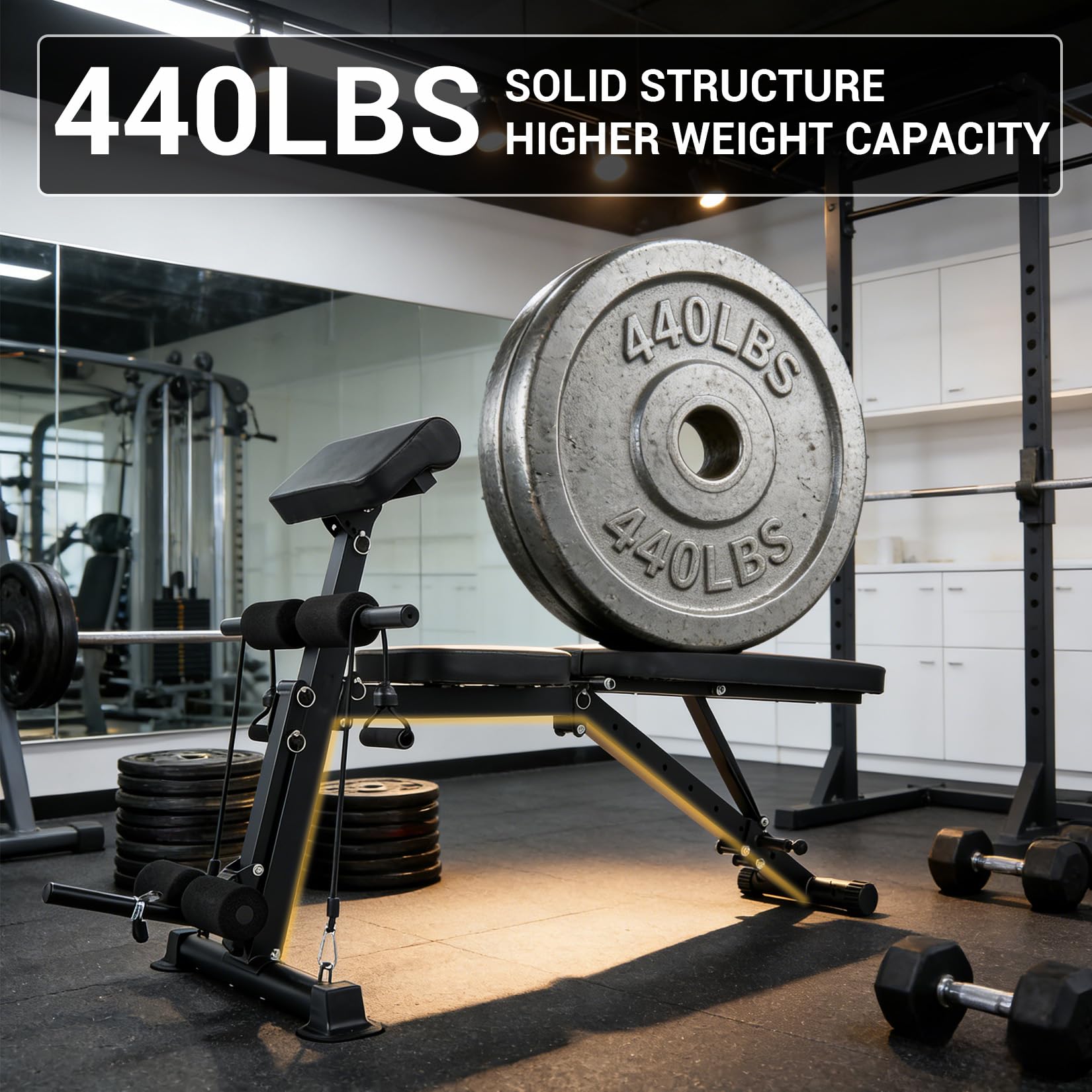 Banco de musculación ajustable, banco de fitness plegable con soporte para piernas para entrenamiento completo en el hogar, multifunción entrenamiento completo del cuerpo con cuerda de tracción