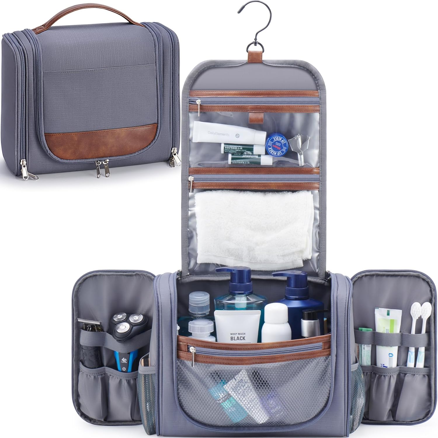 Large Hanging Toiletry Bag for Men, Travel Bathroom Bag with Hook, Hygiene Bag Organizer for Shower, Shaving & Grooming Essentials, Gray