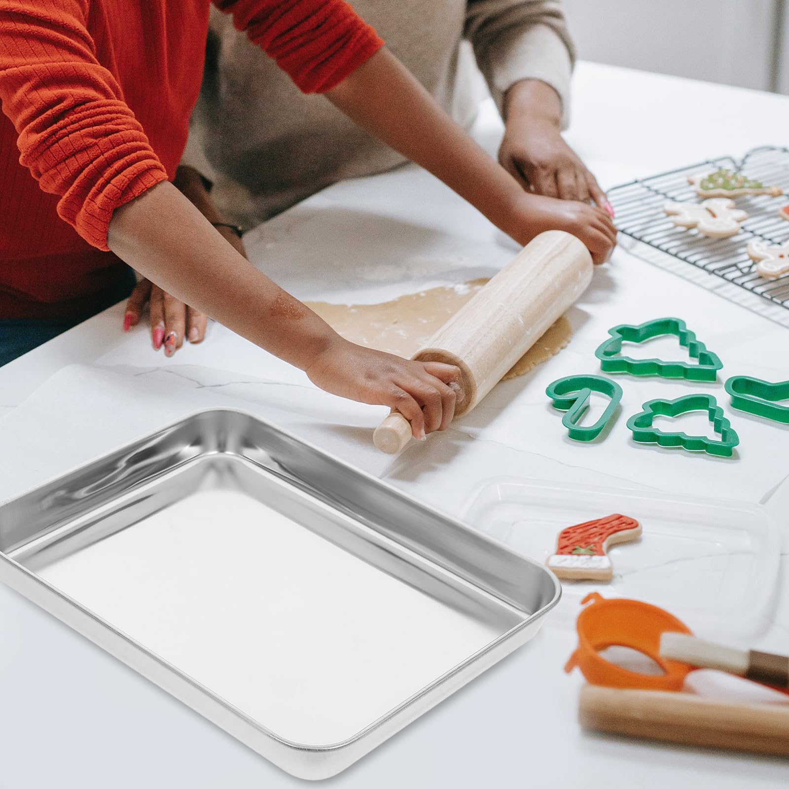 jojofuny Bandejas de Acero Inoxidable Diseño Plano y Bordes Redondeados Resistente y Multifuncional Juego de 3 para Hornear y Servir para Uso en Cocina y Barbacoa