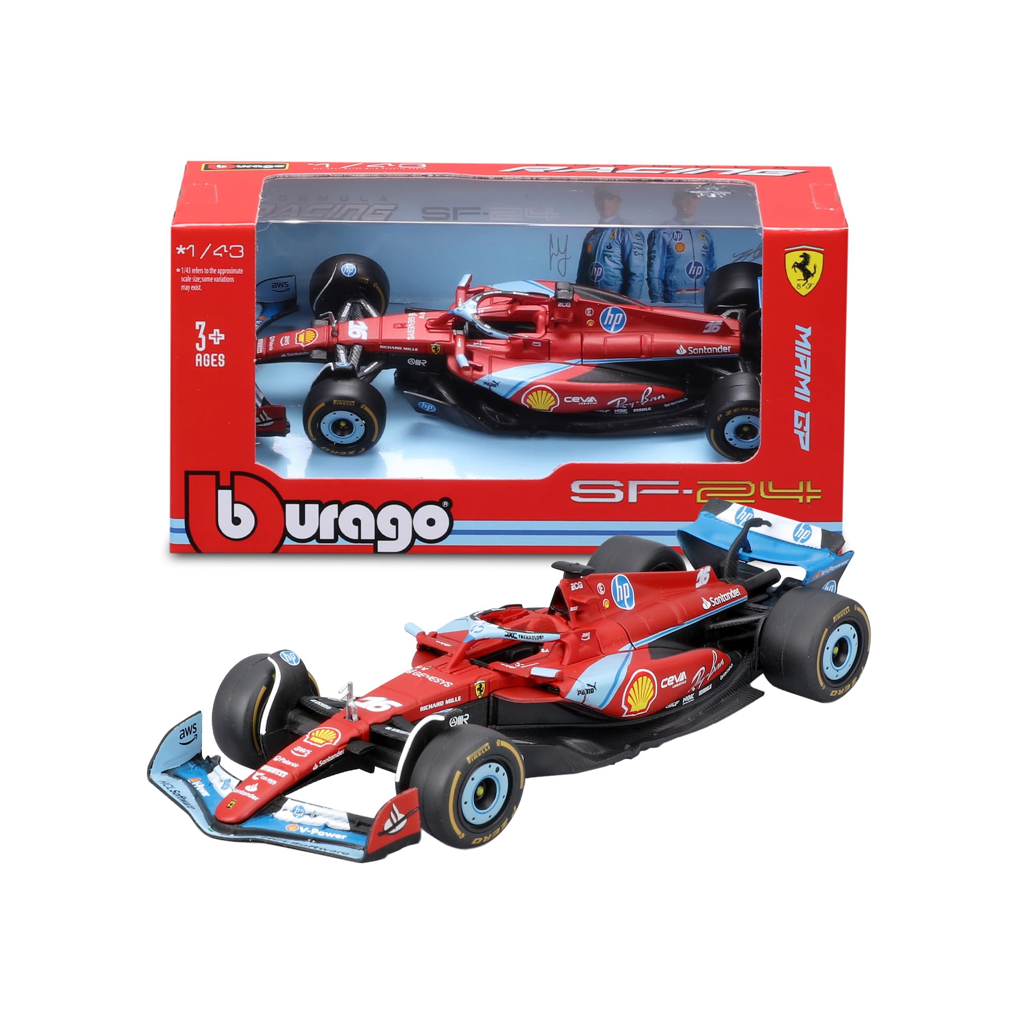 Bburago - F1 Ferrari SF-24 Miami GP 2024#16 Charles Leclerc, Modellino Auto in Scala 1:43, Replica Ufficiale Livrea Speciale Miami, Dettagli Fedeli, Licenza Ferrari, Età Consigliata 36+ Mesi
