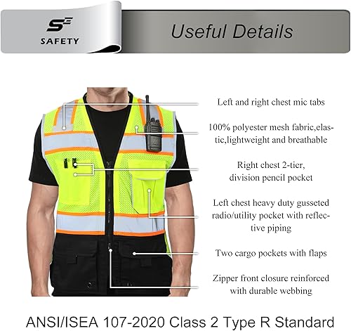 Miniatura 3 de Chaleco de seguridad de alta visibilidad, chaleco Hi Vis con cremallera y bolsillos negros resistentes, chaleco de construcción de seguridad para