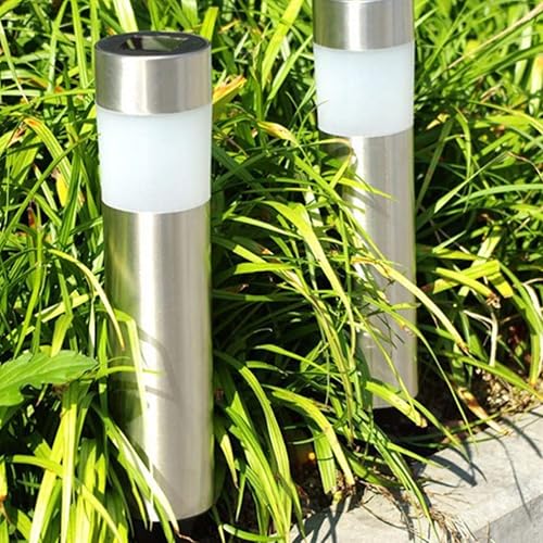 Miniatura 4 de Uonlytech Luces solares de acero inoxidable para césped Paquete de 4 luces cilíndricas de jardín al aire libre sin instalación