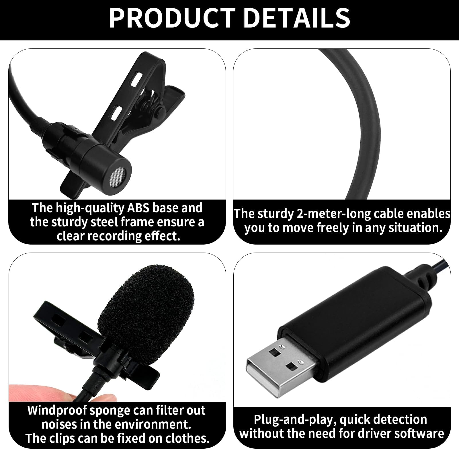 Microphone Lavalier USB, Micro Cravate avec 2M Cable et Pince | Lapel Mikrofon Professionnel pour PC Mac Laptop, Mini Mic pour Gaming Podcast Enregistrement Vidéo, Plug at Play
