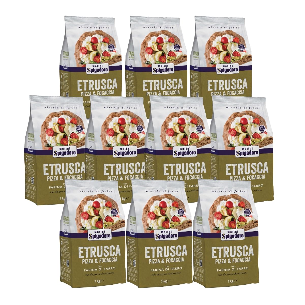 Molini Spigadoro Mix Pizza Etrusca (10 pezzi x 1kg) miscela di farine da grano tenero 100% Italiano Decorticato e farina di farro per pane, pizza e dolci con un gusto unico