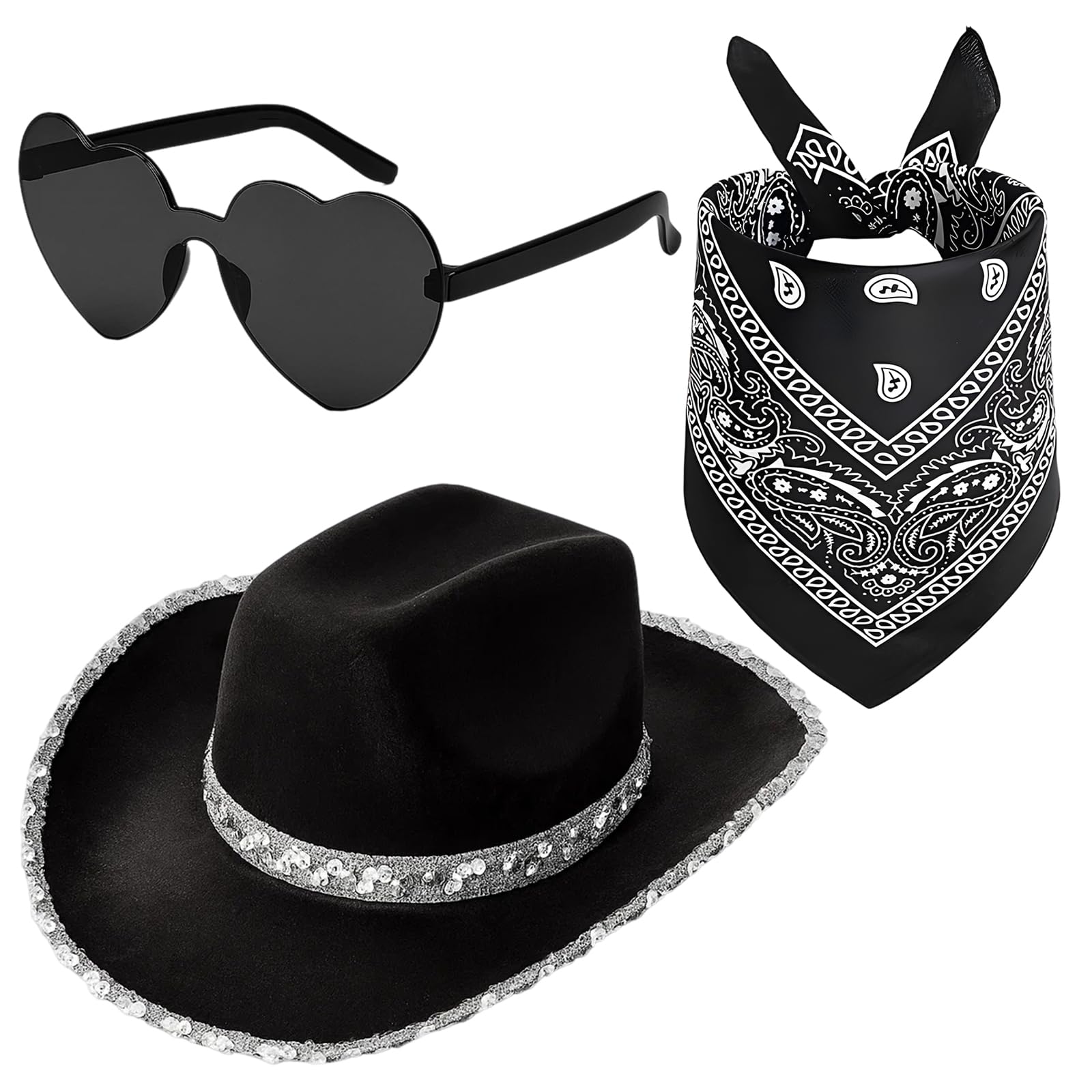 3Pcs Cowboy Hat Fancy Dress Accessory, Cowboy Outfit Women, Black Cowboy Hats for Women, Classic Cowboy Outfit Accessories for Halloween, Bachelorette Parties, Country Concerts, and Themed Events