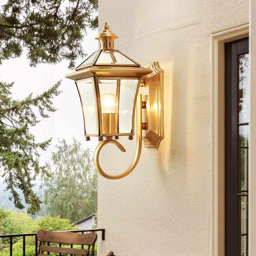 Lanterna da Parete Vintage in Ottone per Esterni, Applique da Parete Esterna Impermeabile con Vetro Trasparente, da da Esterno con Finitura Dorata per Veranda, Patio, Giardino, Porta d'ingresso,
