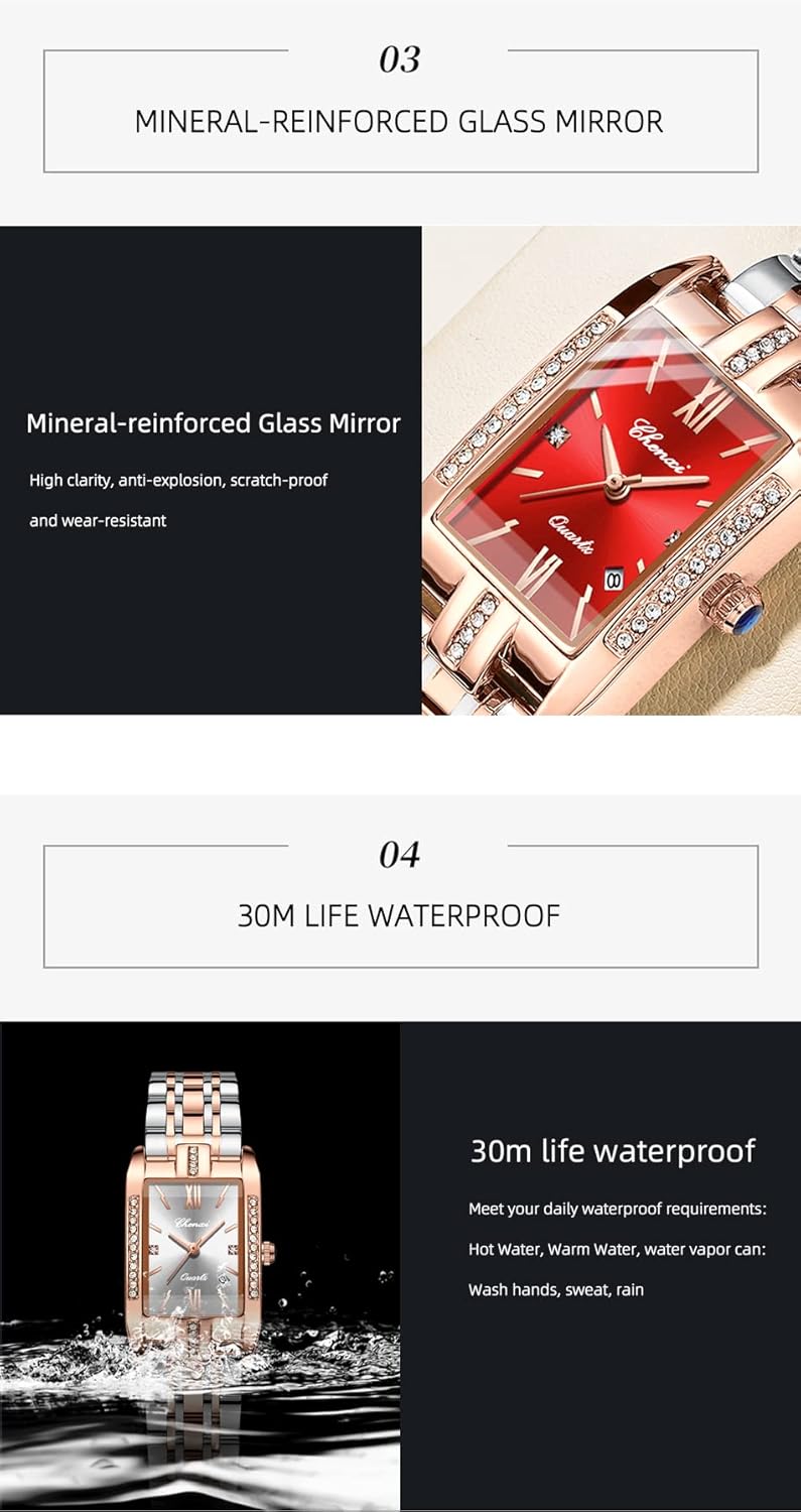 FANMIS Women's Luxury Dress Rhinestone Stainless Steel Waterproof Quartz Date Luminous Casual Watch Silver Green (Rose Gold B) 001