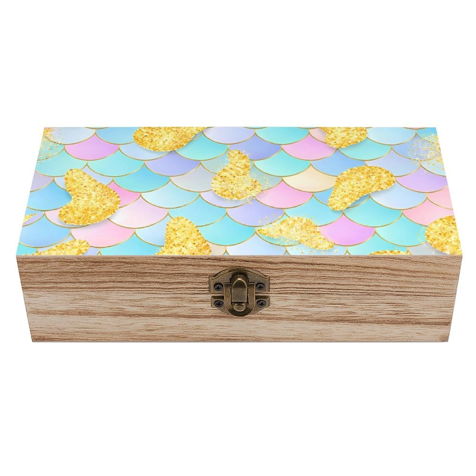 HLBSDM Sparkling Pink Galaxy Mermaid Scales Wooden Storage Box