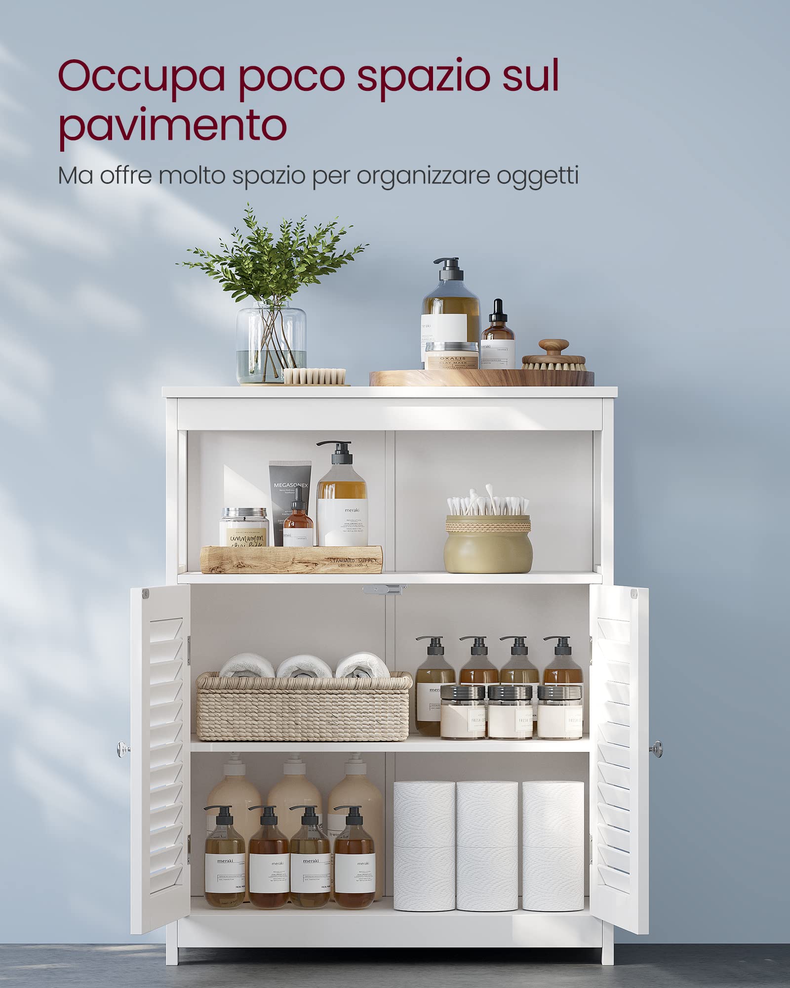 VASAGLE Mobile da Bagno, Mobiletto da Bagno e Cucina, Armadietto con Anta Doppia a Persiana, 30 x 60 x 80 cm, Bianco BBC40WT