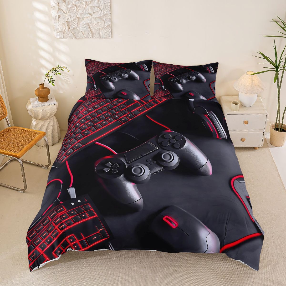 Homemissing Set copripiumino per bambini e bambine, motivo videogiochi, traspirante, morbido, decorazione per la stanza dei giochi, 3 pezzi, rosso