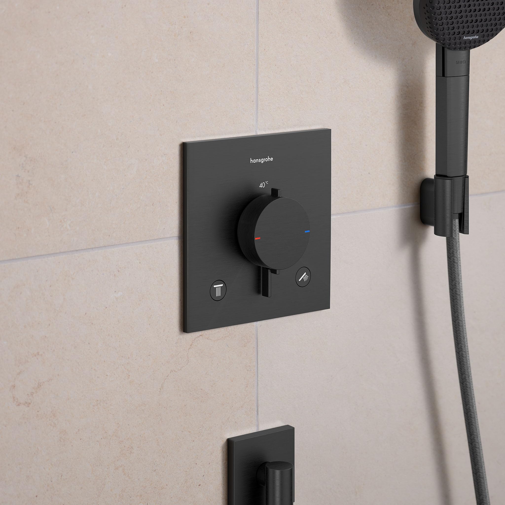 hansgrohe Ecostat Comfort E 33711340 Thermostat de douche, encastré, avec verrouillage de sécurité (SafetyStop) à 40 °C, pour 2 consommateurs, chrome noir brossé