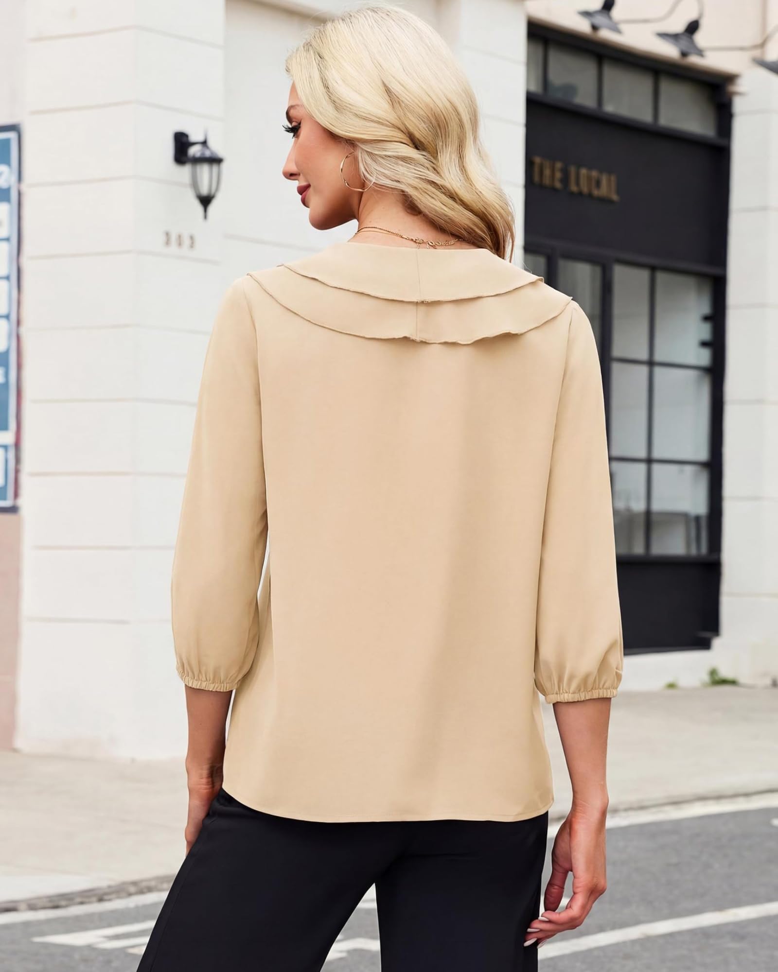 Blusa da donna con scollo a V e volant, maniche a sbuffo 3/4, camicia casual in chiffon