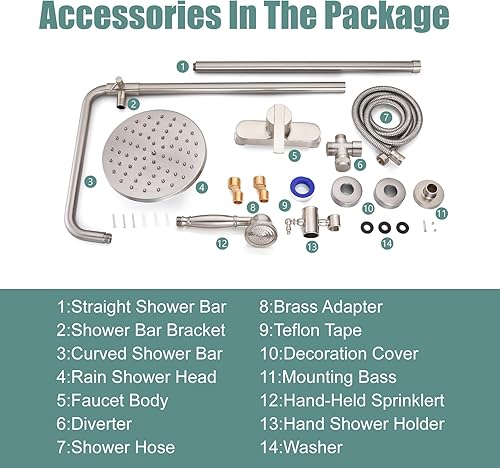 Miniatura 9 de Sistema de ducha de tubo expuesto, níquel cepillado de 8 pulgadas, cabezal de ducha de lluvia de 8 pulgadas, juego combinado de latón de una sola